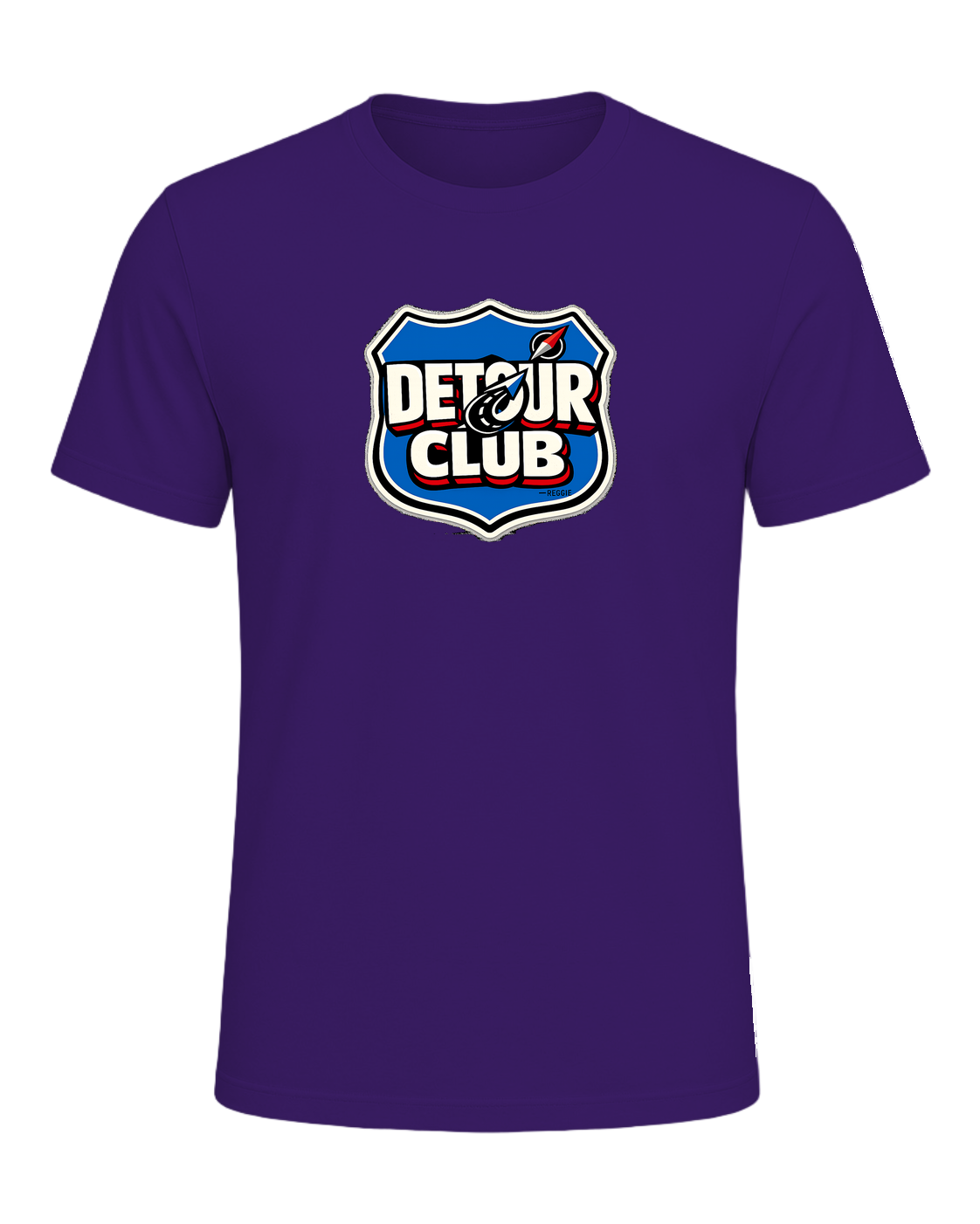 A loud travel badge tee for wanderers who believe the detour is the destination. — Team Purple