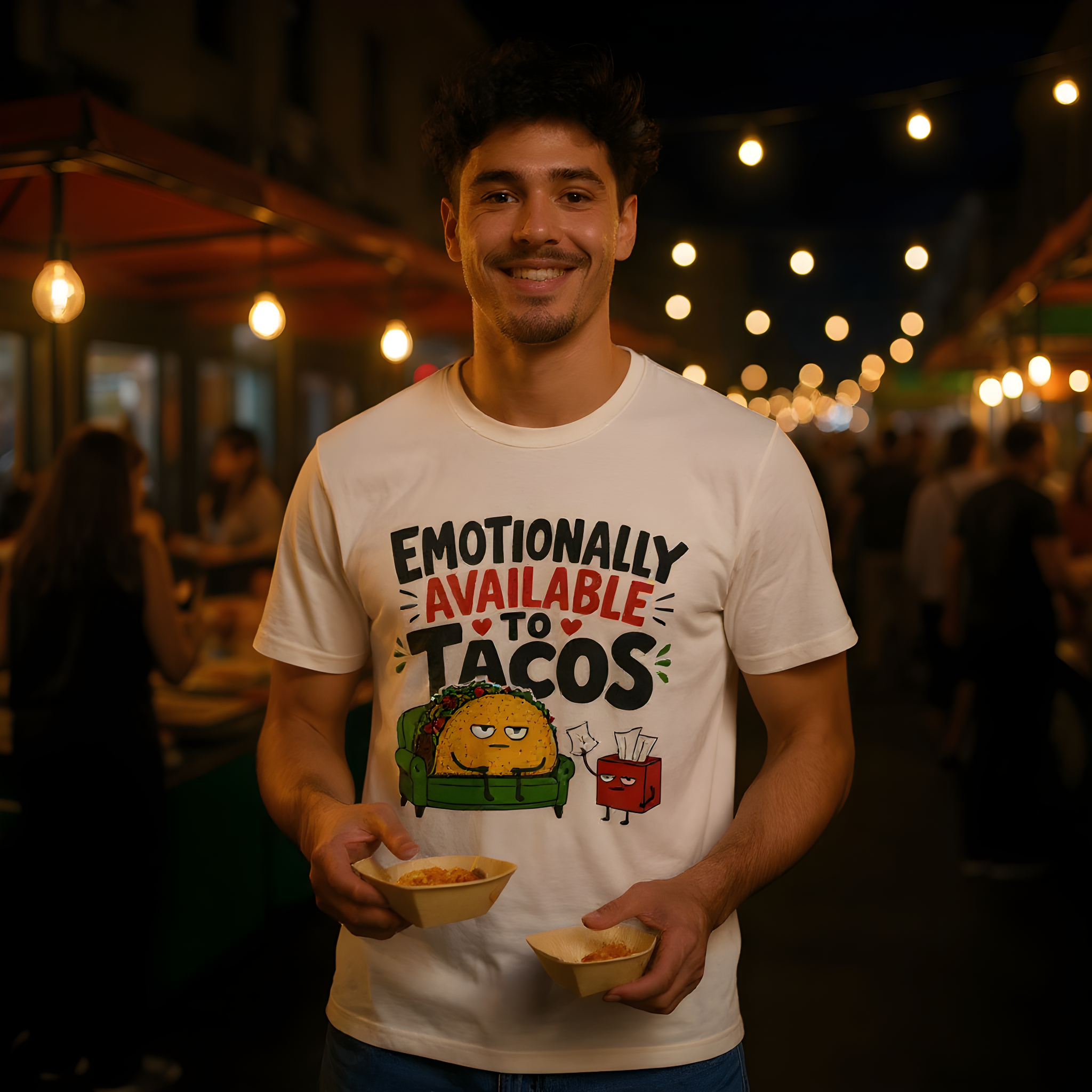 Funny Taco T-Shirt — Emotionally Available to Tacos — t-shirt design