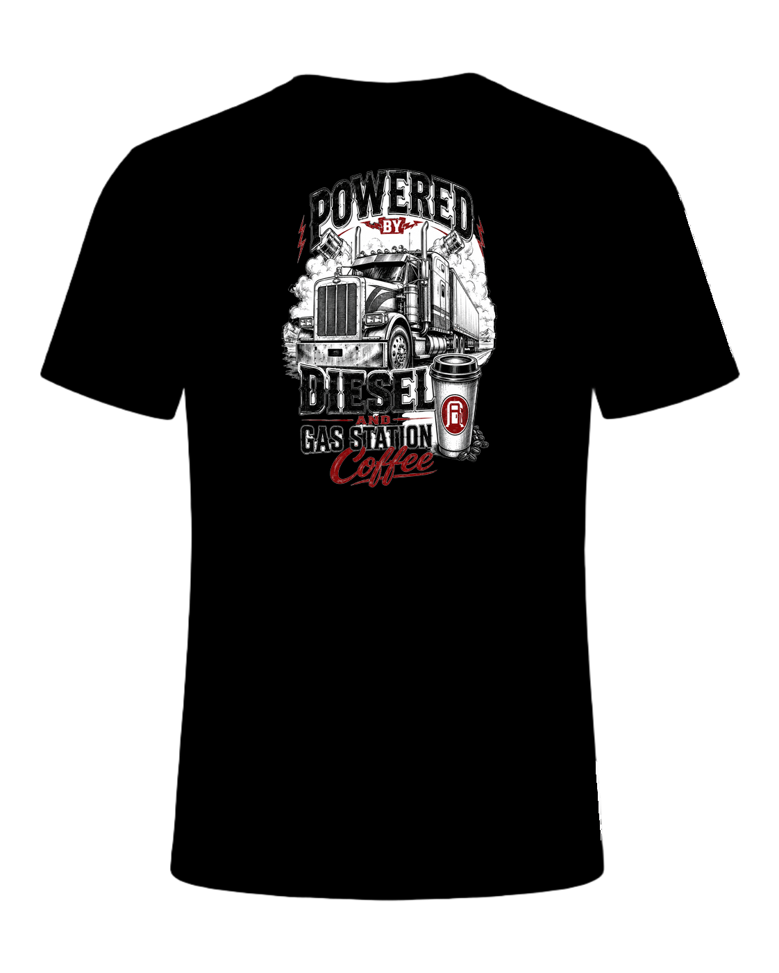 Powered by diesel and gas station coffee — Black