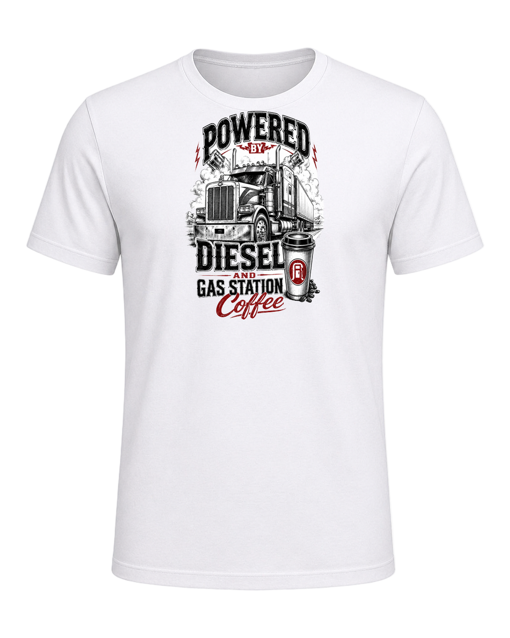 Powered by diesel and gas station coffee — White
