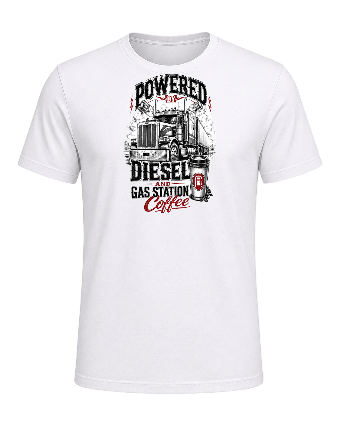Powered by diesel and gas station coffee — White