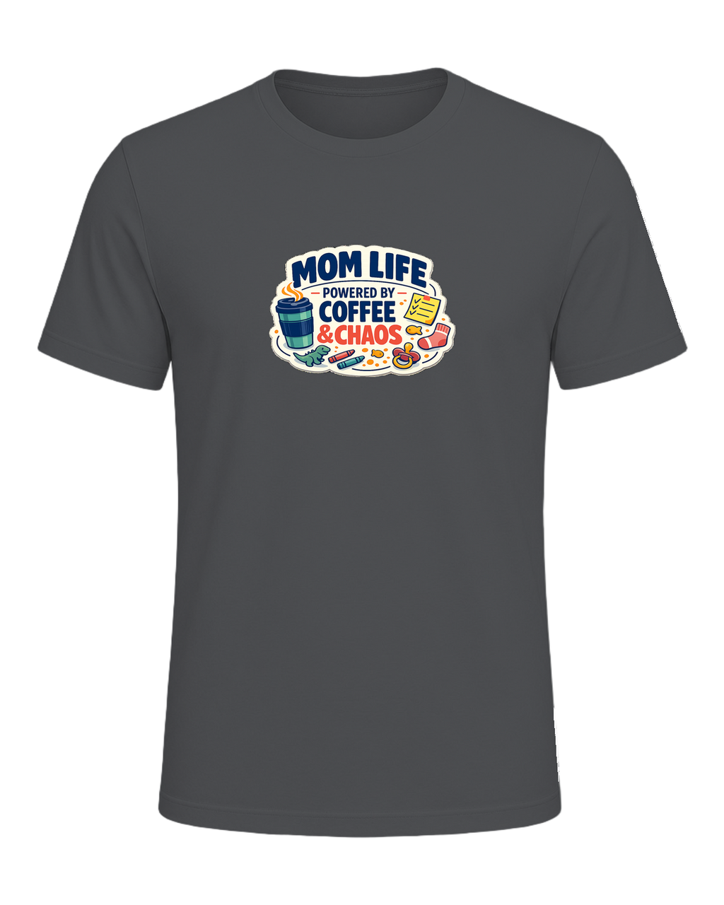 Mom Life Powered By Coffee & Chaos Tee — Asphalt