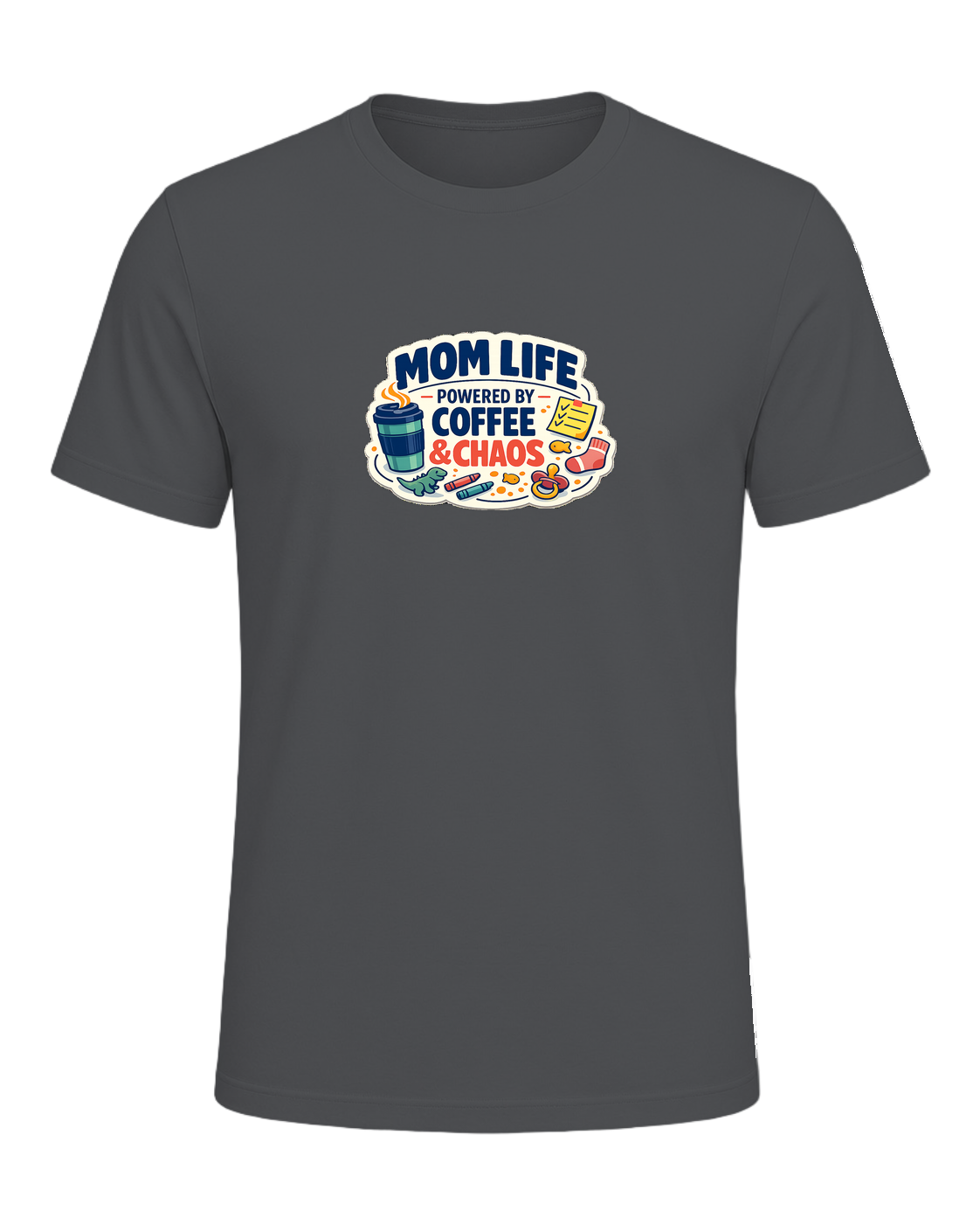 Mom Life Powered By Coffee & Chaos Tee — Asphalt
