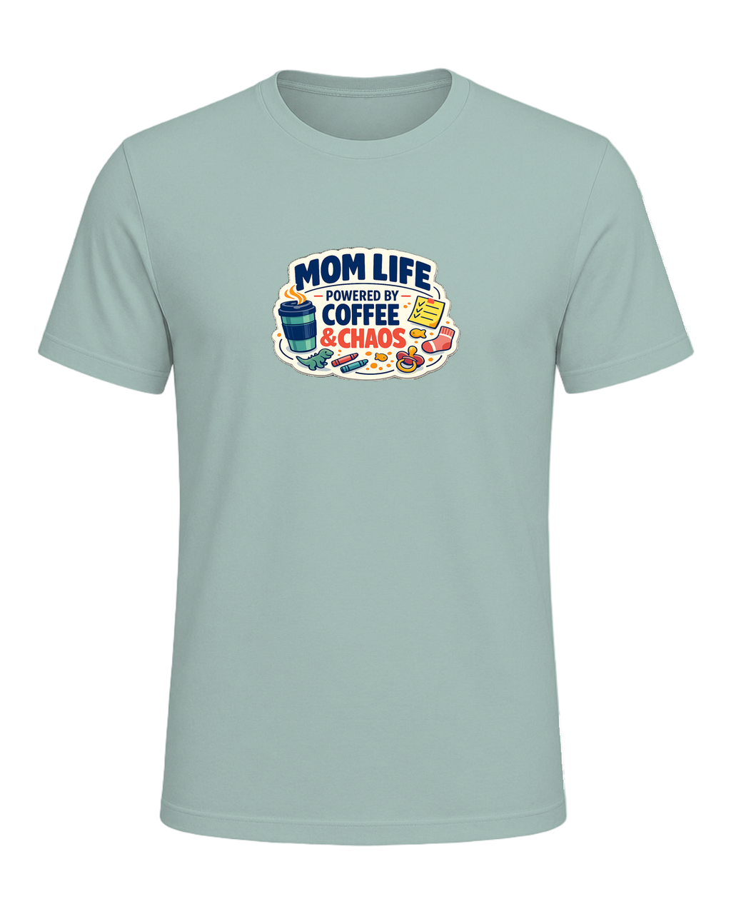 Mom Life Powered By Coffee & Chaos Tee — Dusty Blue