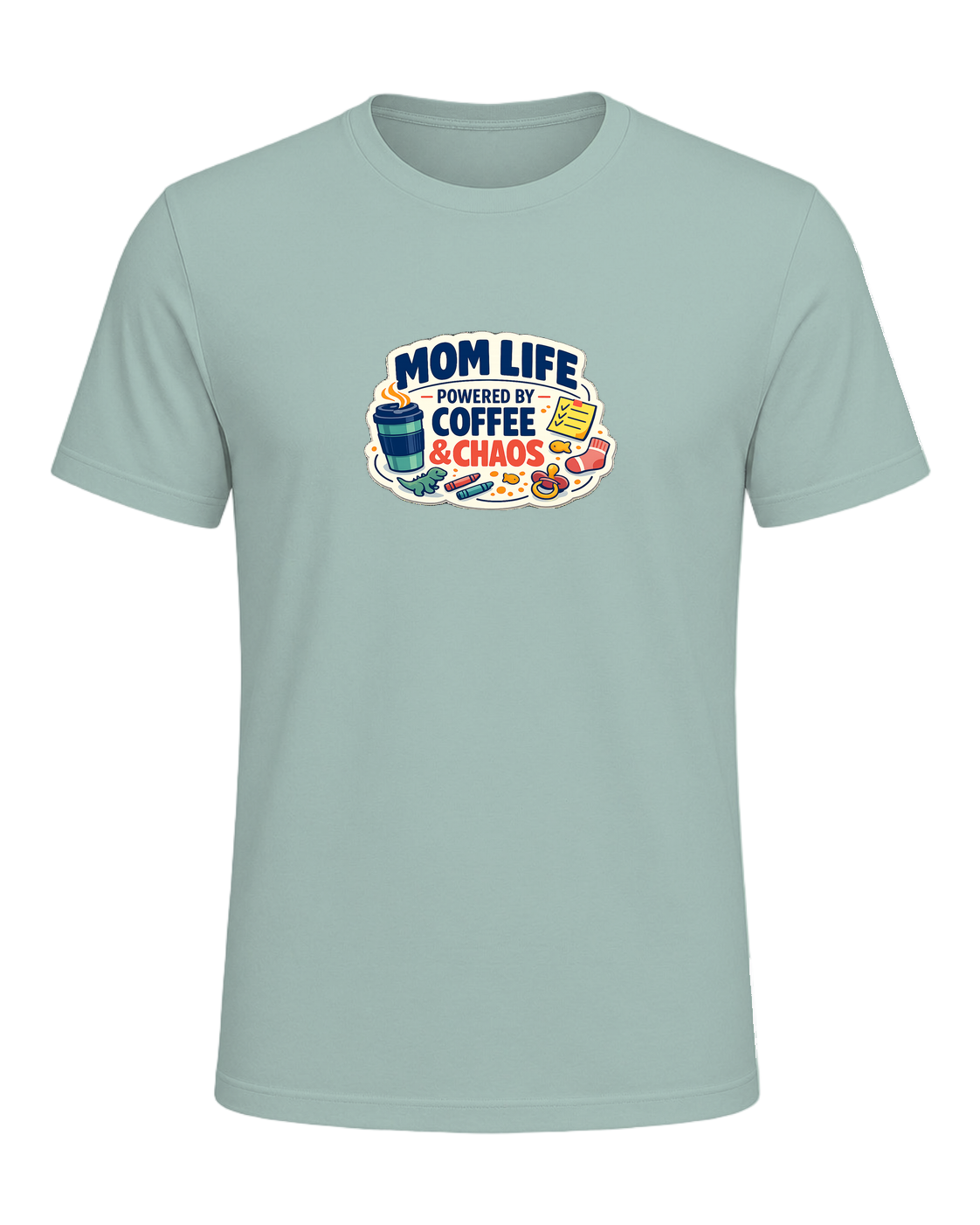 Mom Life Powered By Coffee & Chaos Tee — Dusty Blue