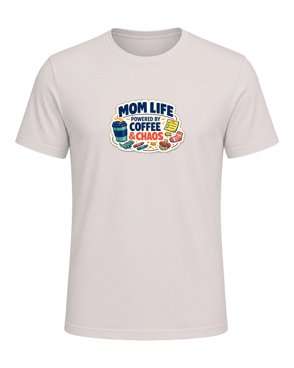 Mom Life Powered By Coffee & Chaos Tee — Heather Dust