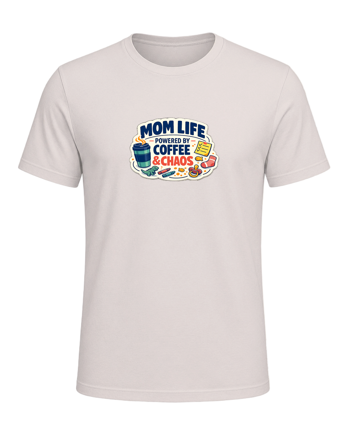 Mom Life Powered By Coffee & Chaos Tee — Heather Dust