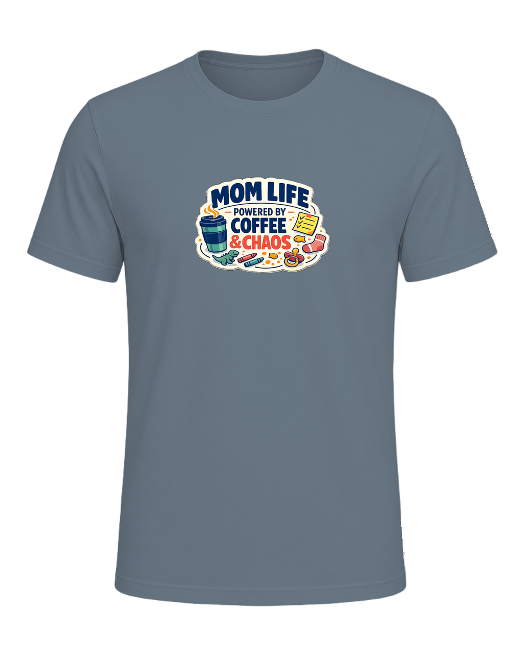 Mom Life Powered By Coffee & Chaos Tee — Heather Slate