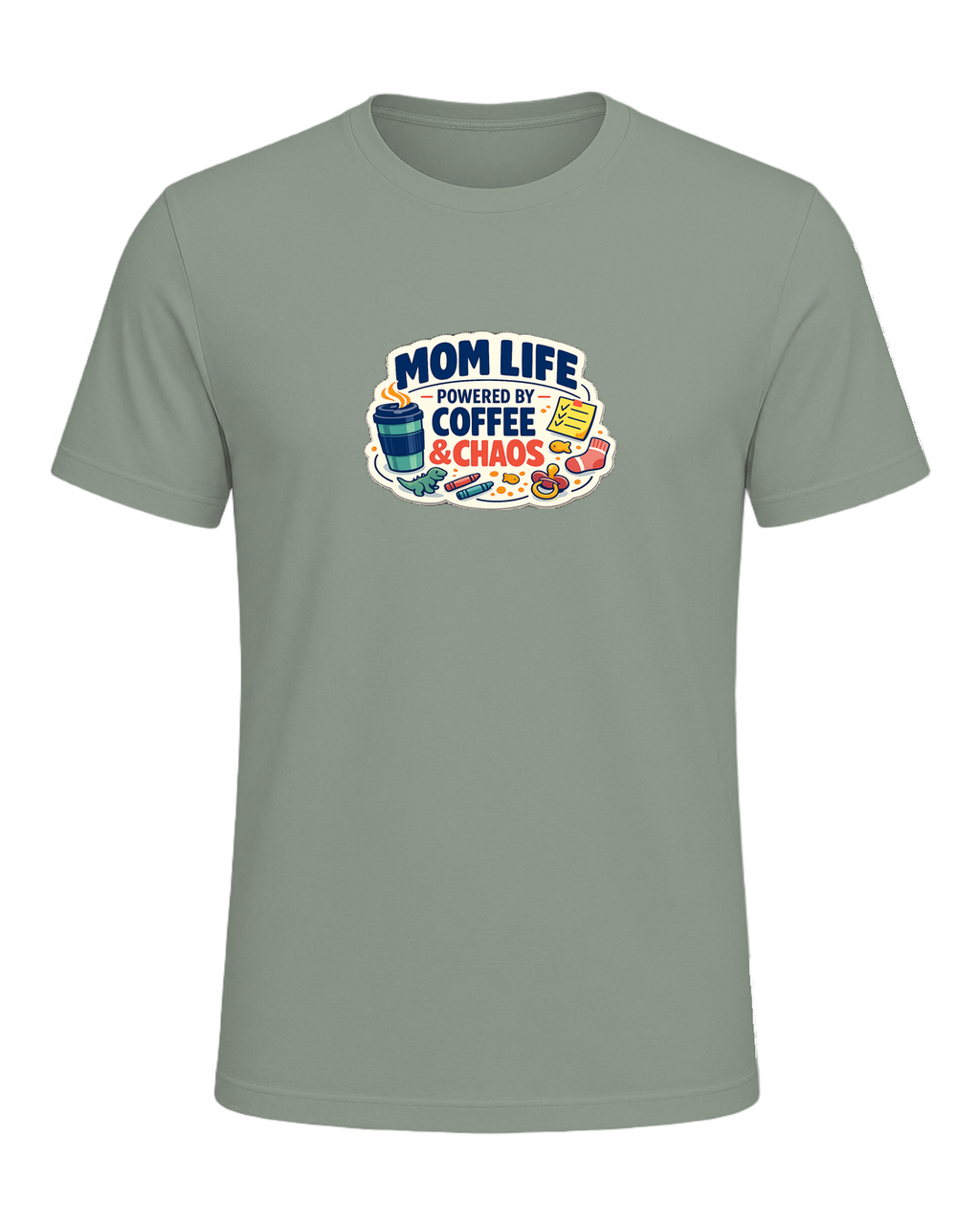 Mom Life Powered By Coffee & Chaos Tee — Sage