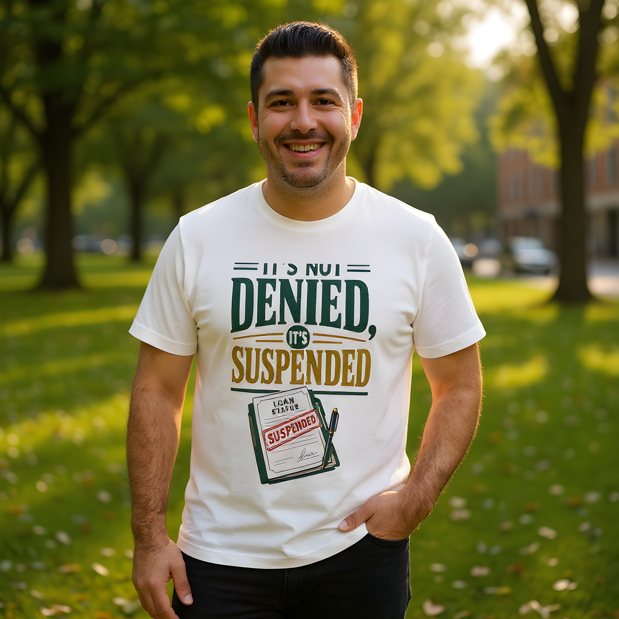 Funny Mortgage T-Shirt — It's Not Denied, It's Suspended — mortgage t-shirt design