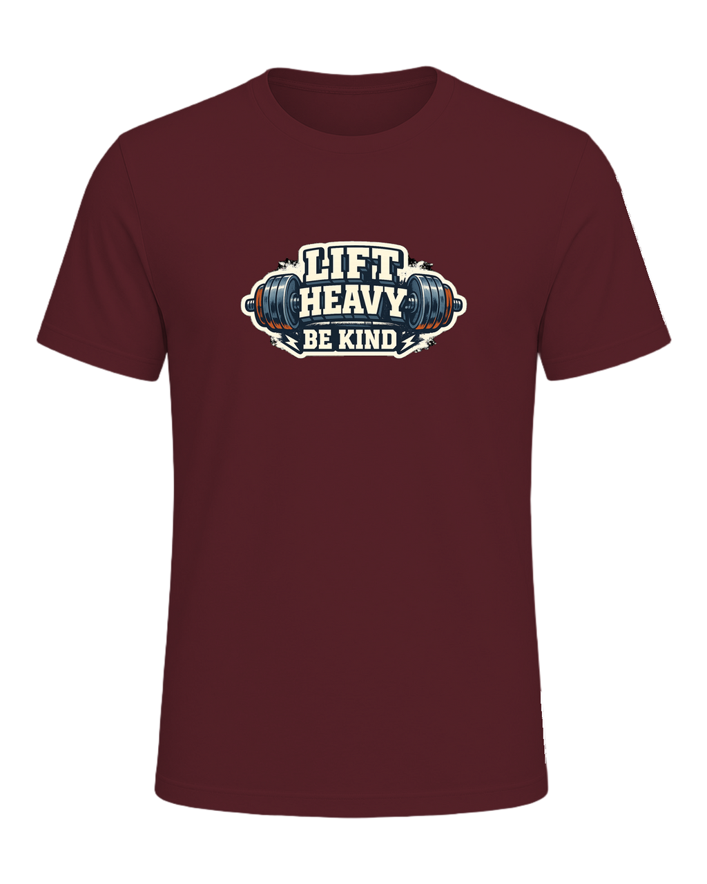 A bold barbell gym tee for lifters who train heavy and keep the room kind. — Maroon