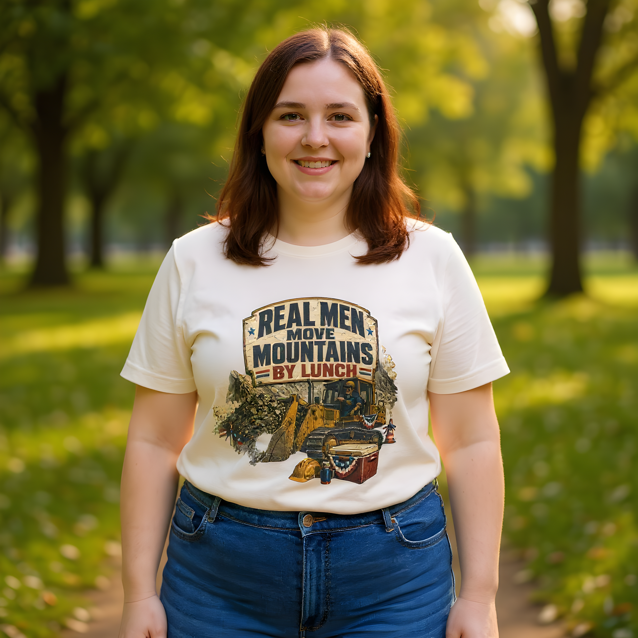 Construction Gift T-Shirt — Real Men Move Mountains by Lunch — t-shirt design