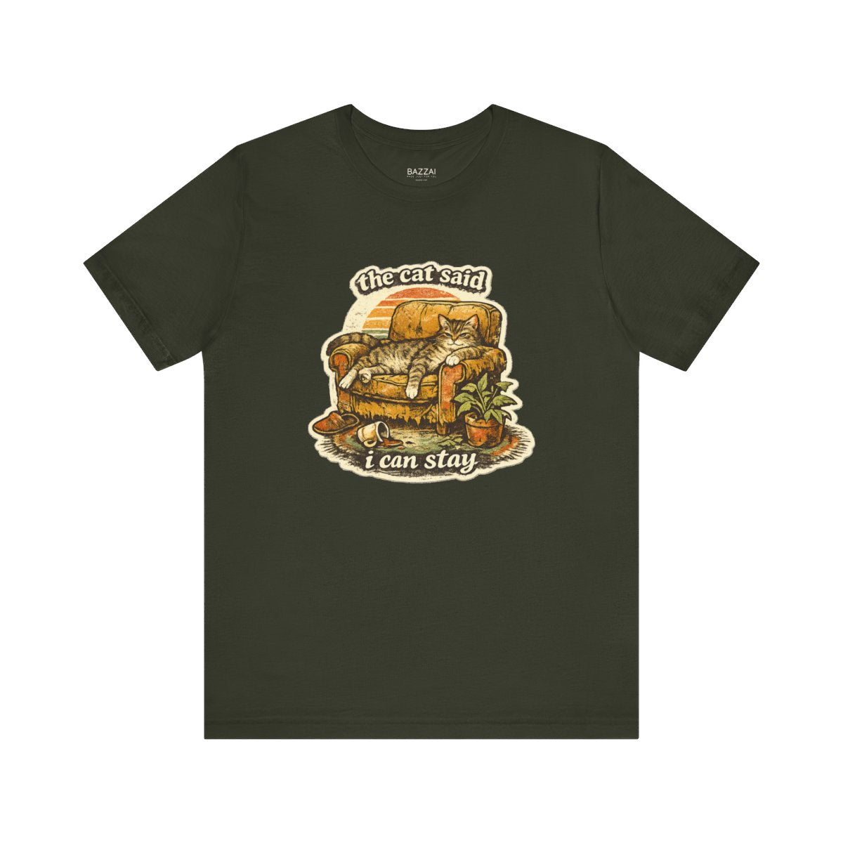 Cat Mom Humor T-Shirt — The Cat Said I Can Stay — t-shirt design by Margaux