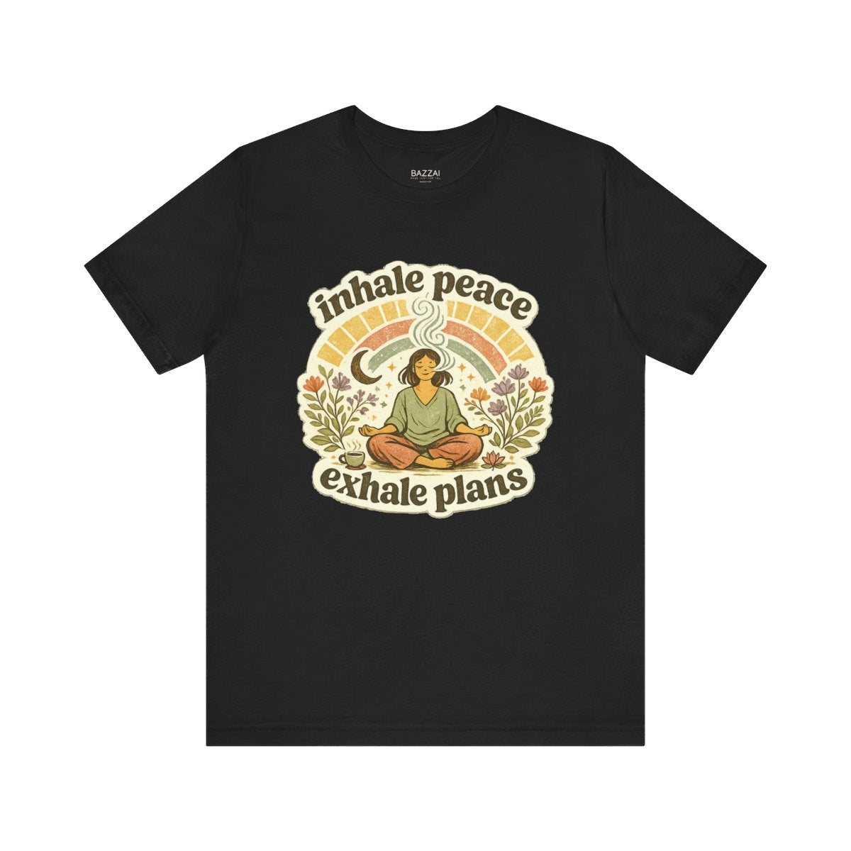 Zen Gift T-Shirt — Inhale Peace Exhale Plans — meditation mindful t-shirt design by Margaux