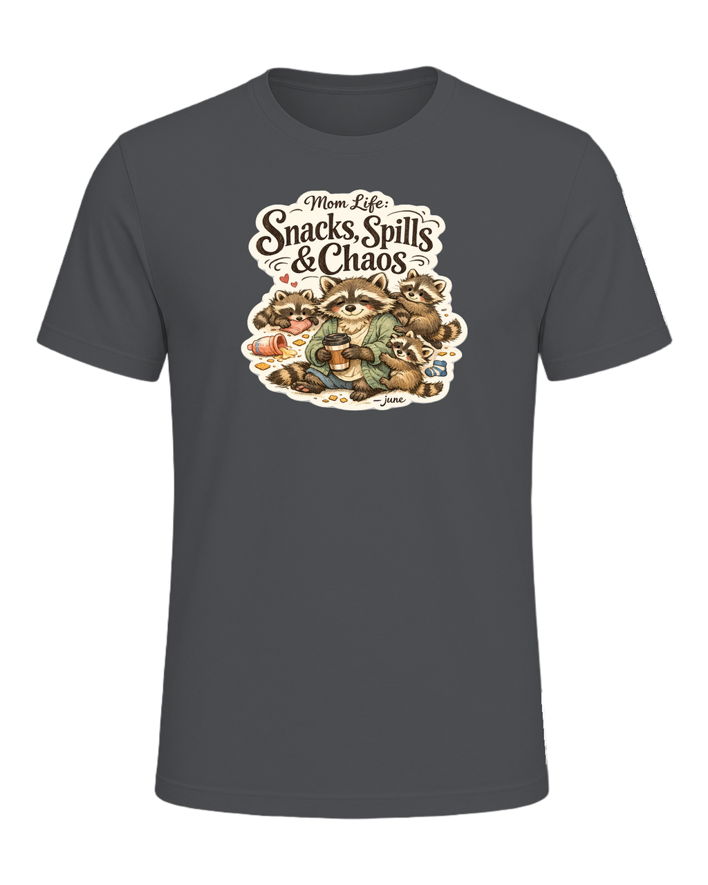 Mom Life: Snacks, Spills & Chaos Tee — Asphalt