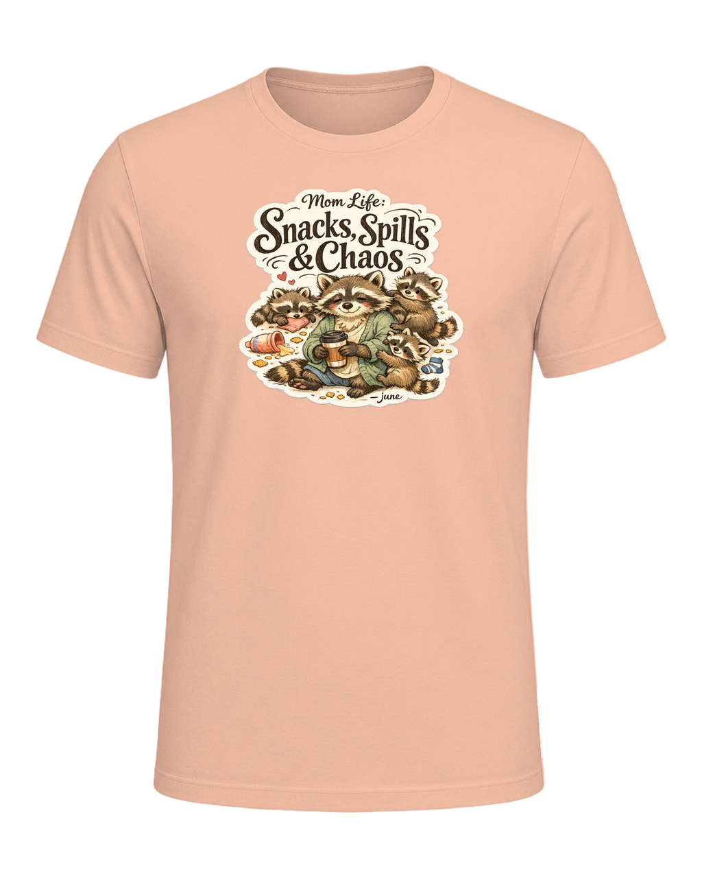 Mom Life: Snacks, Spills & Chaos Tee — Heather Peach