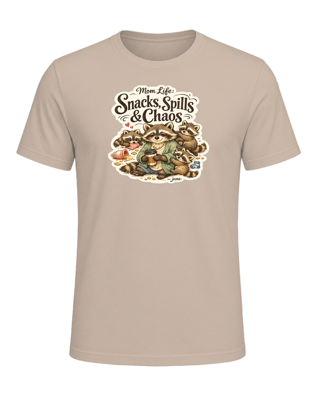 Mom Life: Snacks, Spills & Chaos Tee — Tan