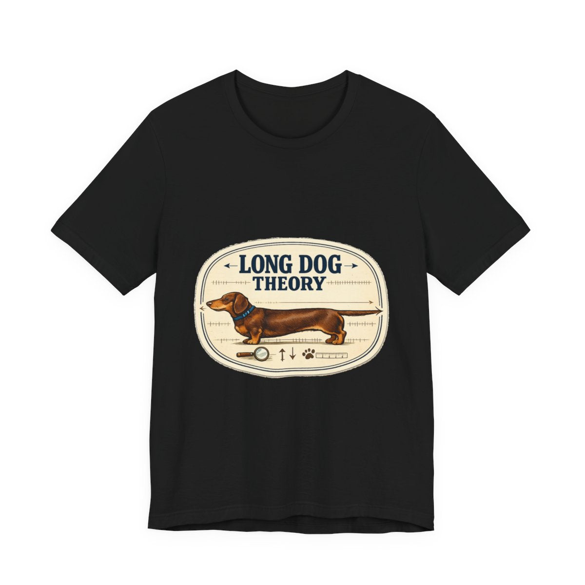 A clever vintage field-note dachshund tee for believers in LONG DOG THEORY. — Black