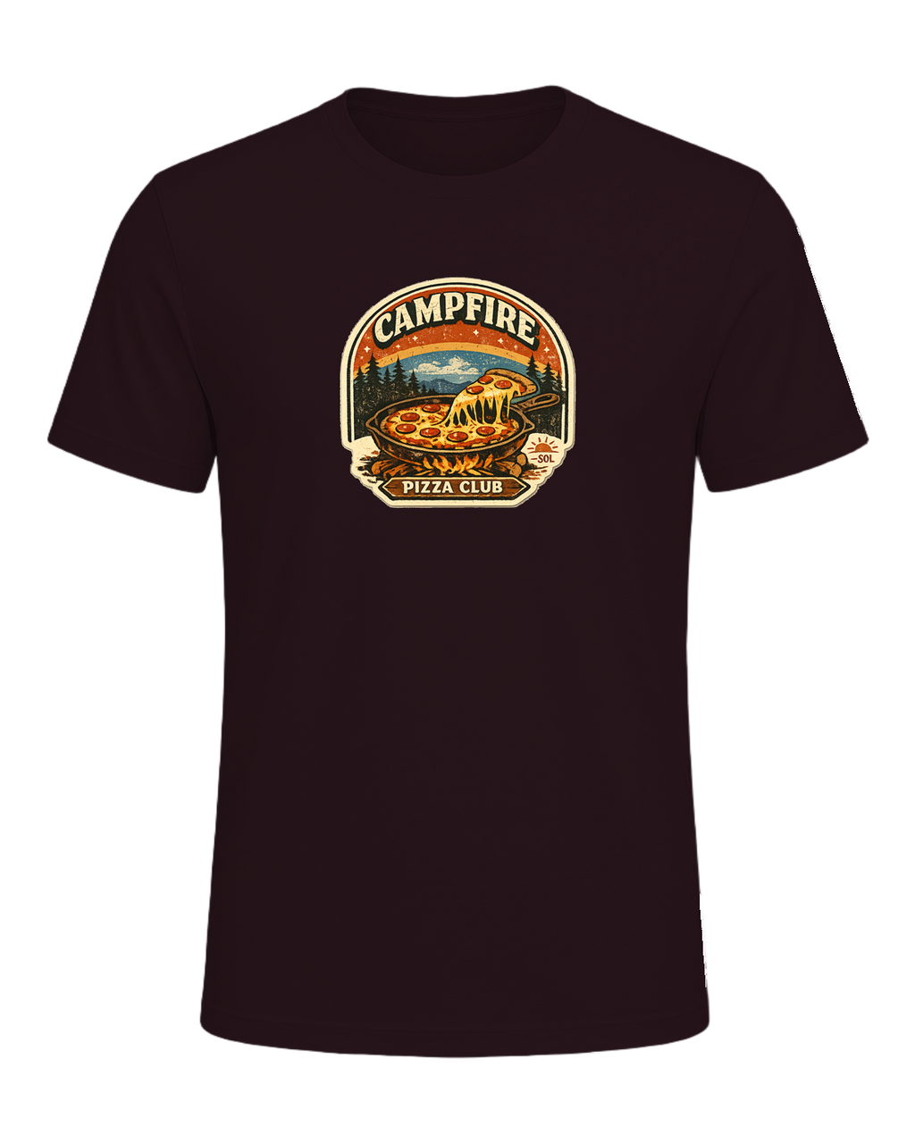 Campfire Pizza Club Tee — Oxblood Black