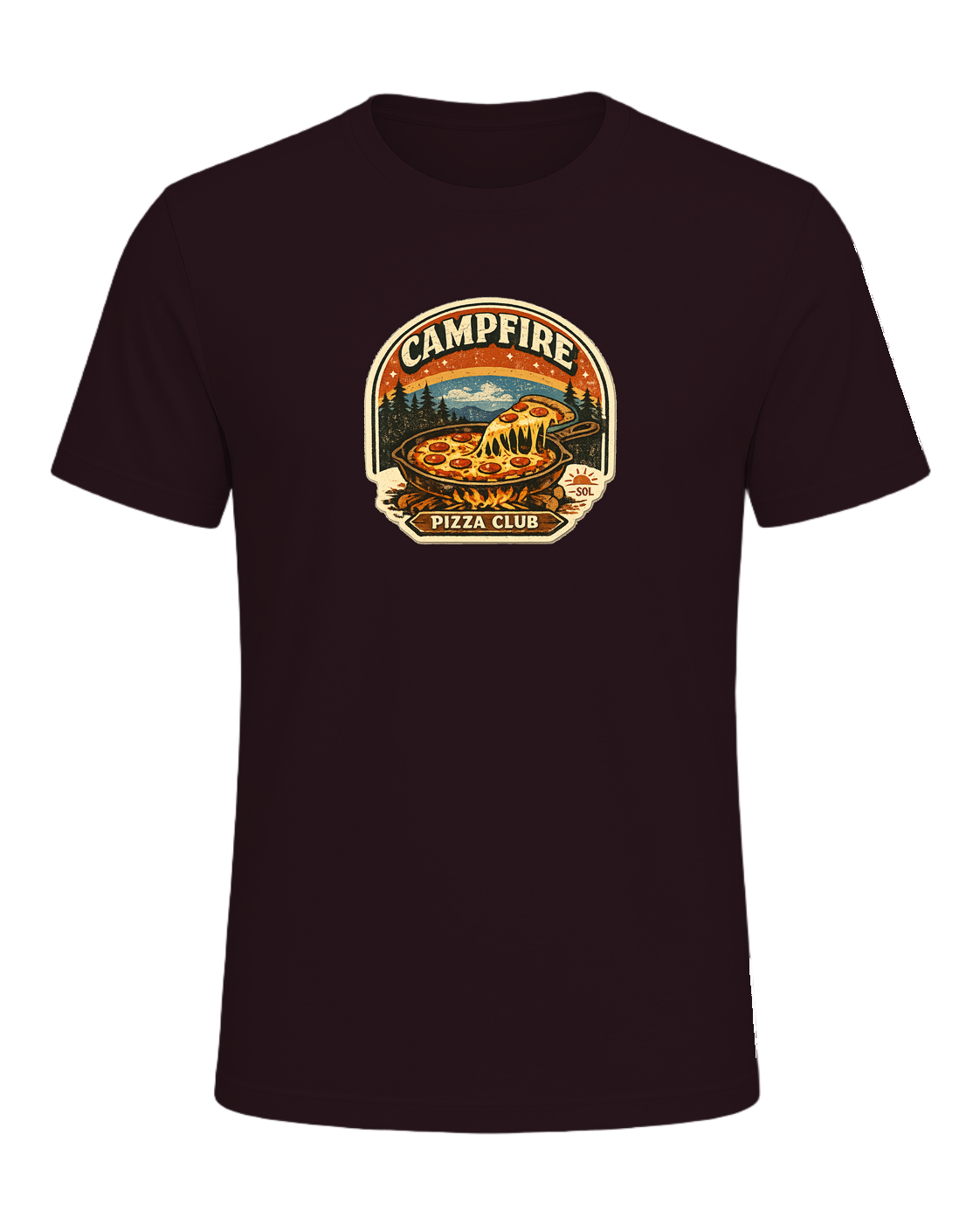 Campfire Pizza Club Tee — Oxblood Black