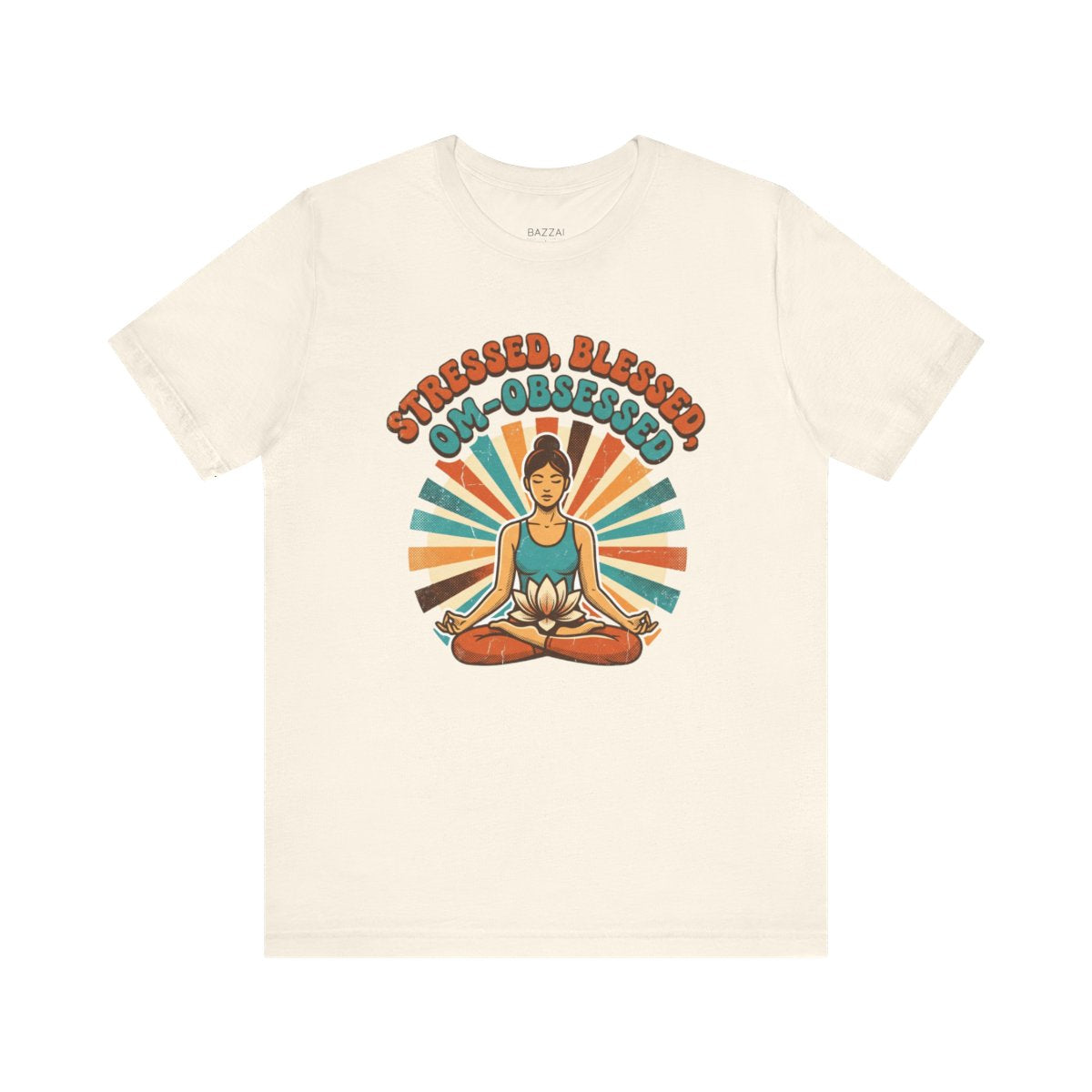 Funny Yoga T-Shirt — Stressed, Blessed, Om-Obsessed — meditation mindful t-shirt design