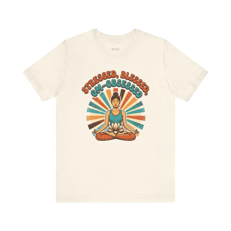 Funny Yoga T-Shirt — Stressed, Blessed, Om-Obsessed