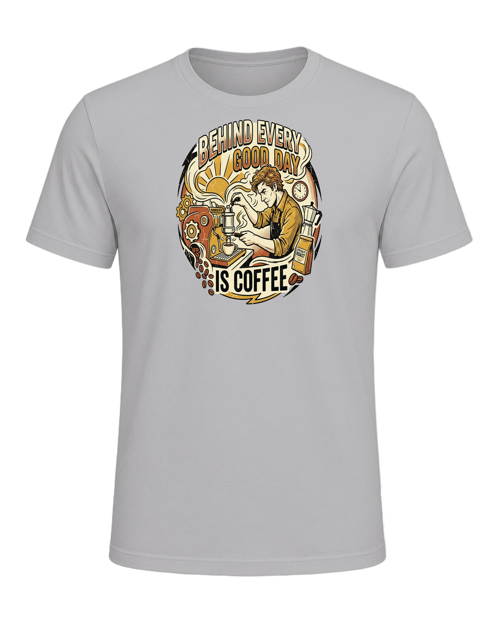 BEHIND EVERY GOOD DAY IS COFFEE — Athletic Heather
