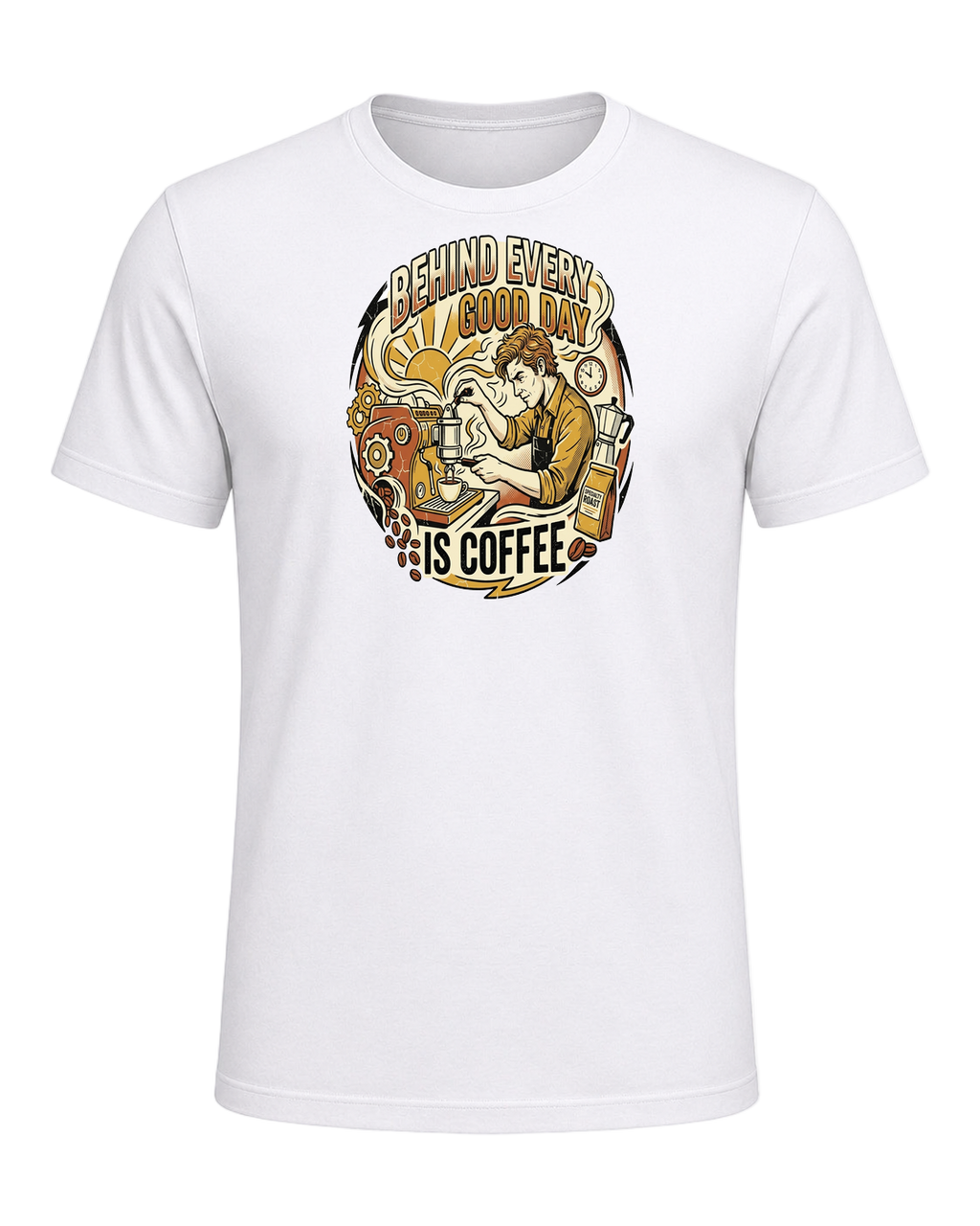 BEHIND EVERY GOOD DAY IS COFFEE — White