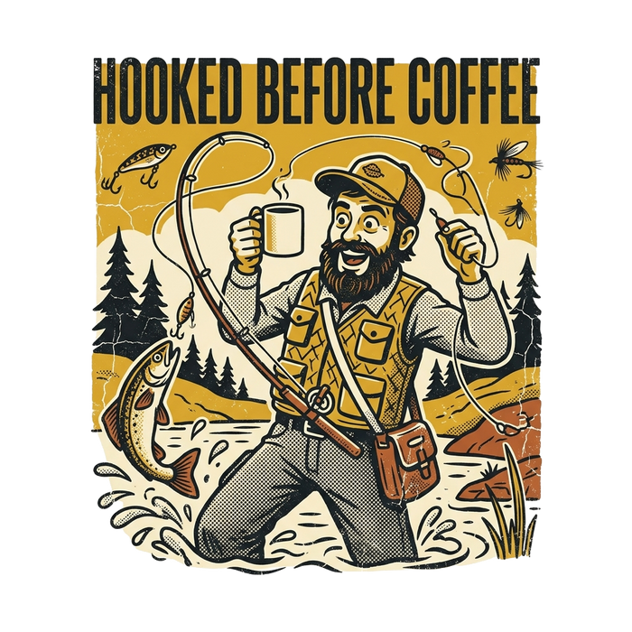 HOOKED BEFORE COFFEE - Illustrated Tee