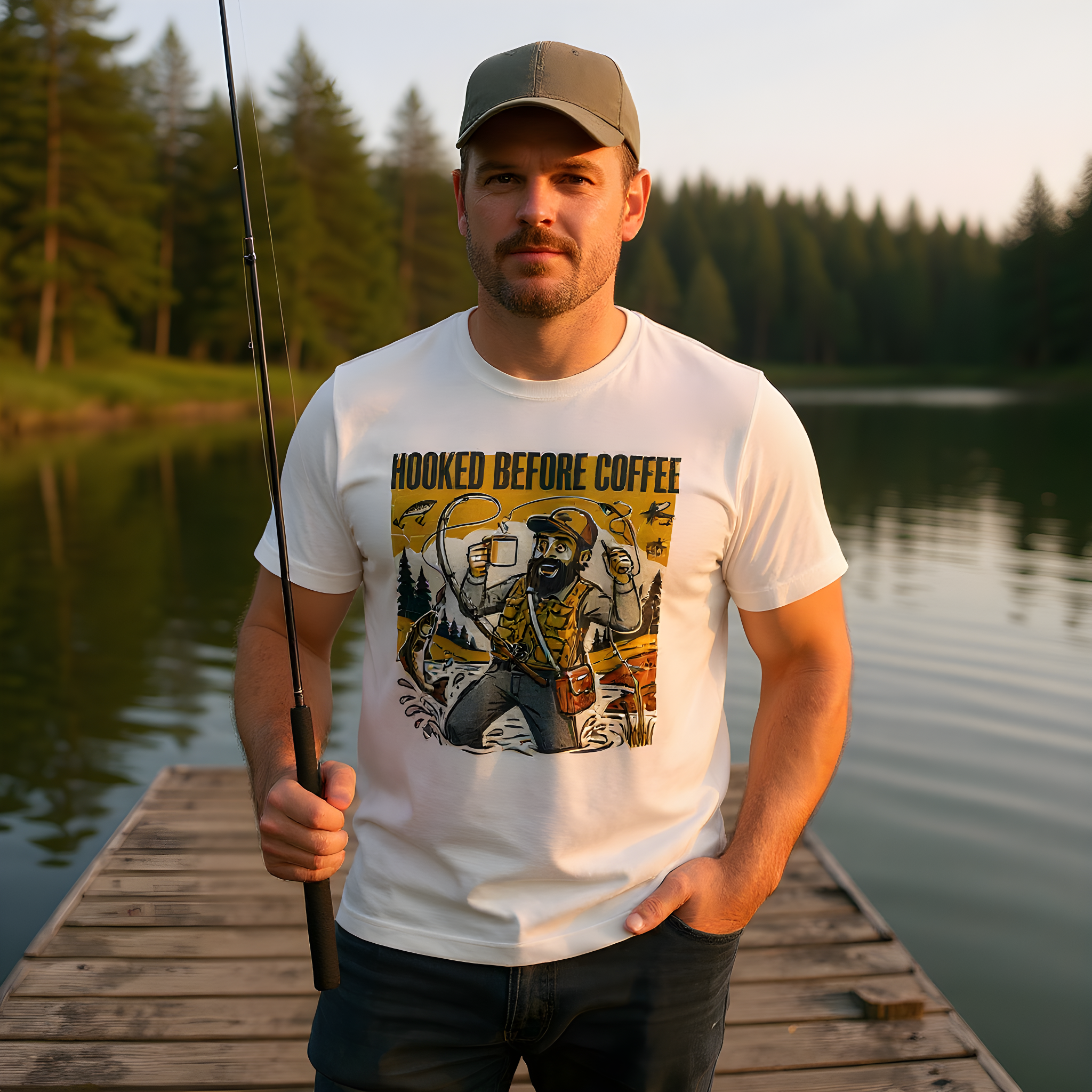 Angler Gift T-Shirt — Hooked Before Coffee — angler t-shirt design