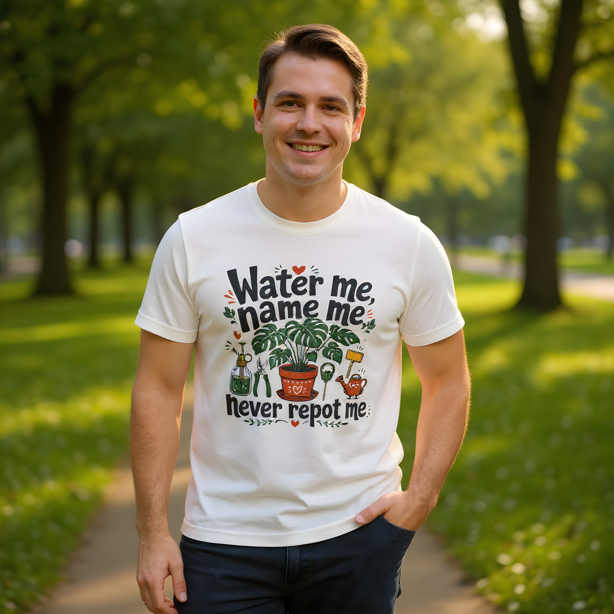 Houseplant Humor T-Shirt — Water Me, Name Me, Never Repot Me — plant mom t-shirt design