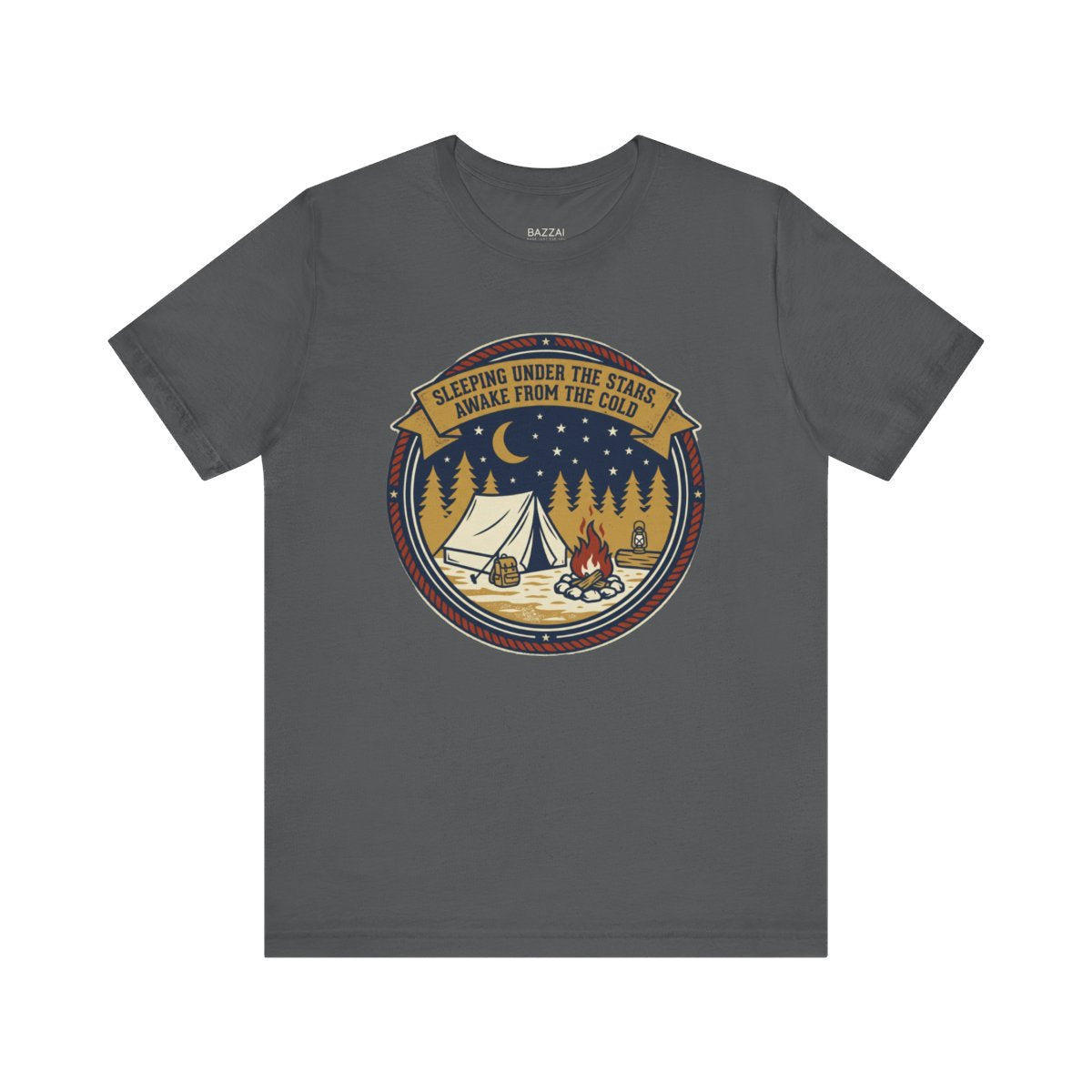 Camping Humor T-Shirt — Sleeping Under the Stars, Awake from the Cold — campsite t-shirt design