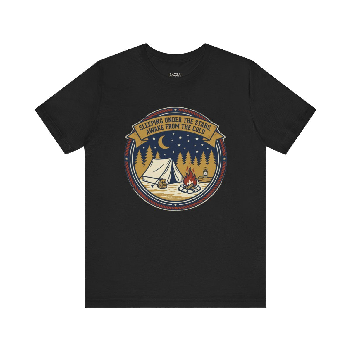 Camping Humor T-Shirt — Sleeping Under the Stars, Awake from the Cold — campsite t-shirt design