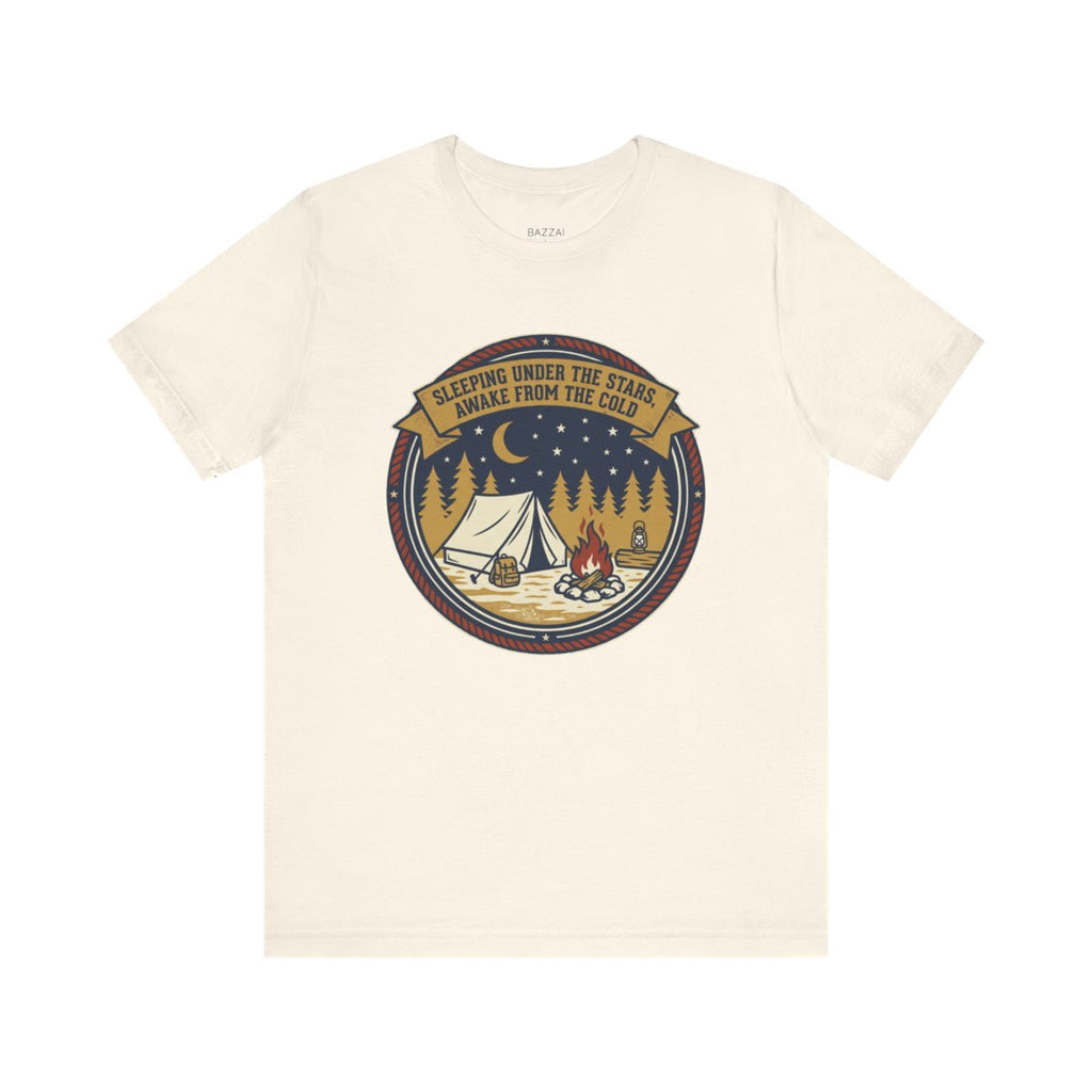 Camping Humor T-Shirt — Sleeping Under the Stars, Awake from the Cold — campsite t-shirt design