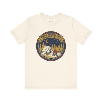 Camping Humor T-Shirt — Sleeping Under the Stars, Awake from the Cold