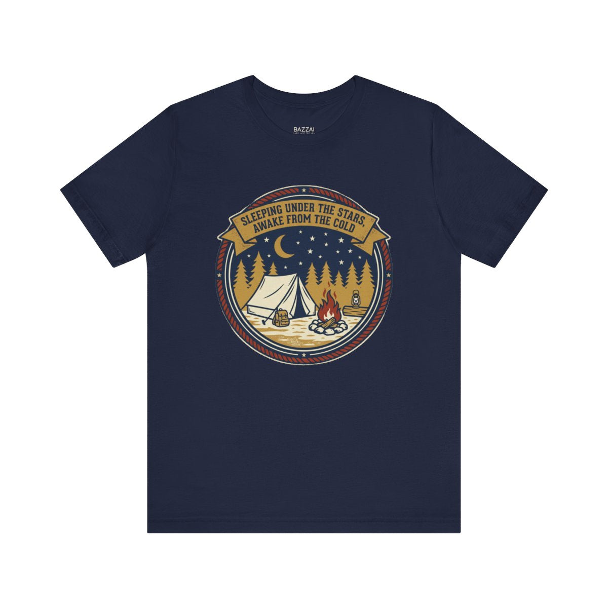 Camping Humor T-Shirt — Sleeping Under the Stars, Awake from the Cold — campsite t-shirt design