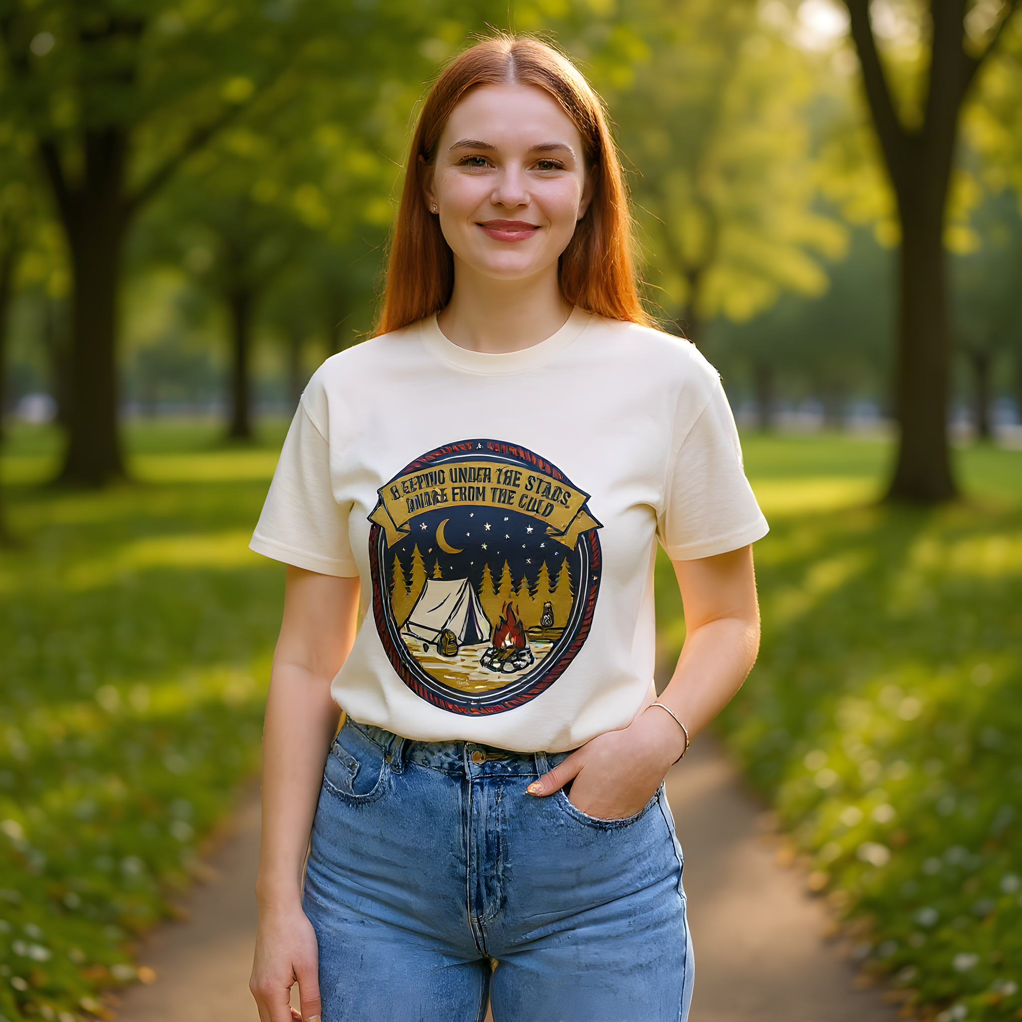 Camping Humor T-Shirt — Sleeping Under the Stars, Awake from the Cold — campsite t-shirt design