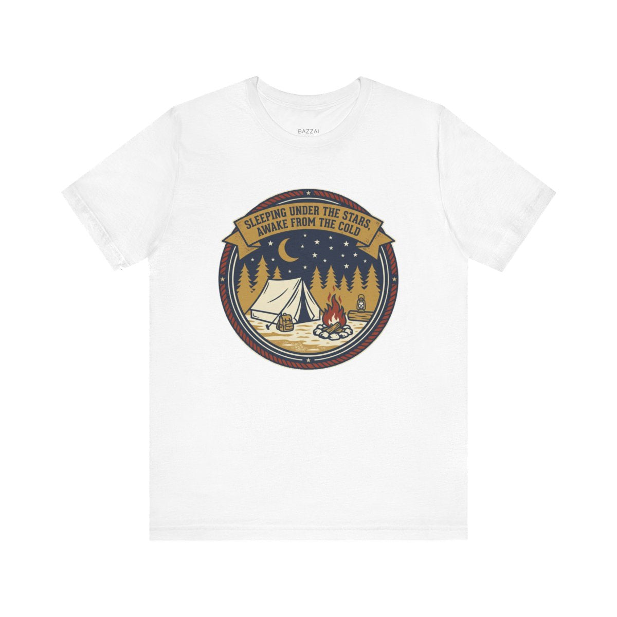 Camping Humor T-Shirt — Sleeping Under the Stars, Awake from the Cold — campsite t-shirt design