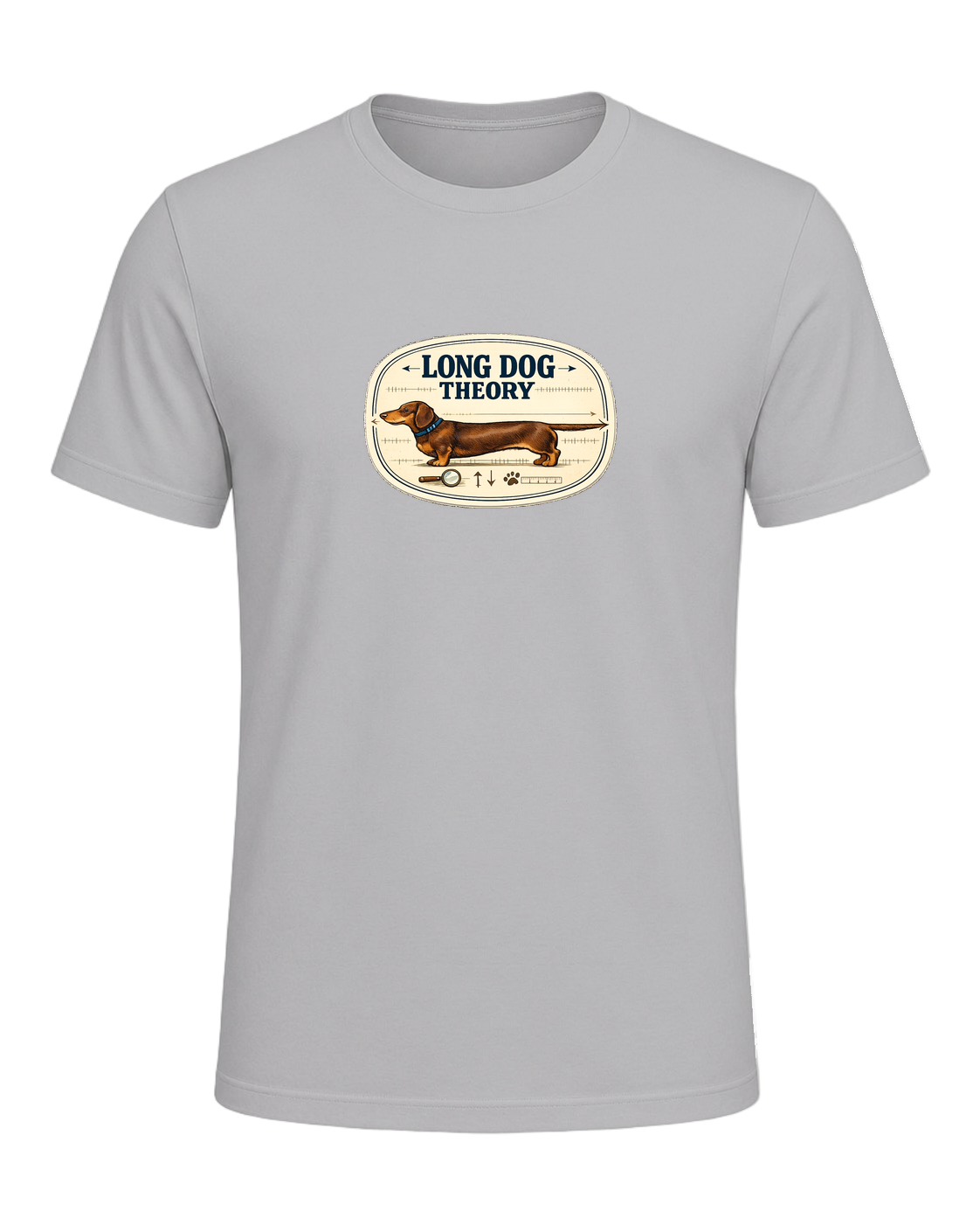 A clever vintage field-note dachshund tee for believers in LONG DOG THEORY. — Athletic Heather