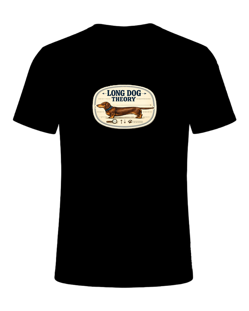 A clever vintage field-note dachshund tee for believers in LONG DOG THEORY. — Black