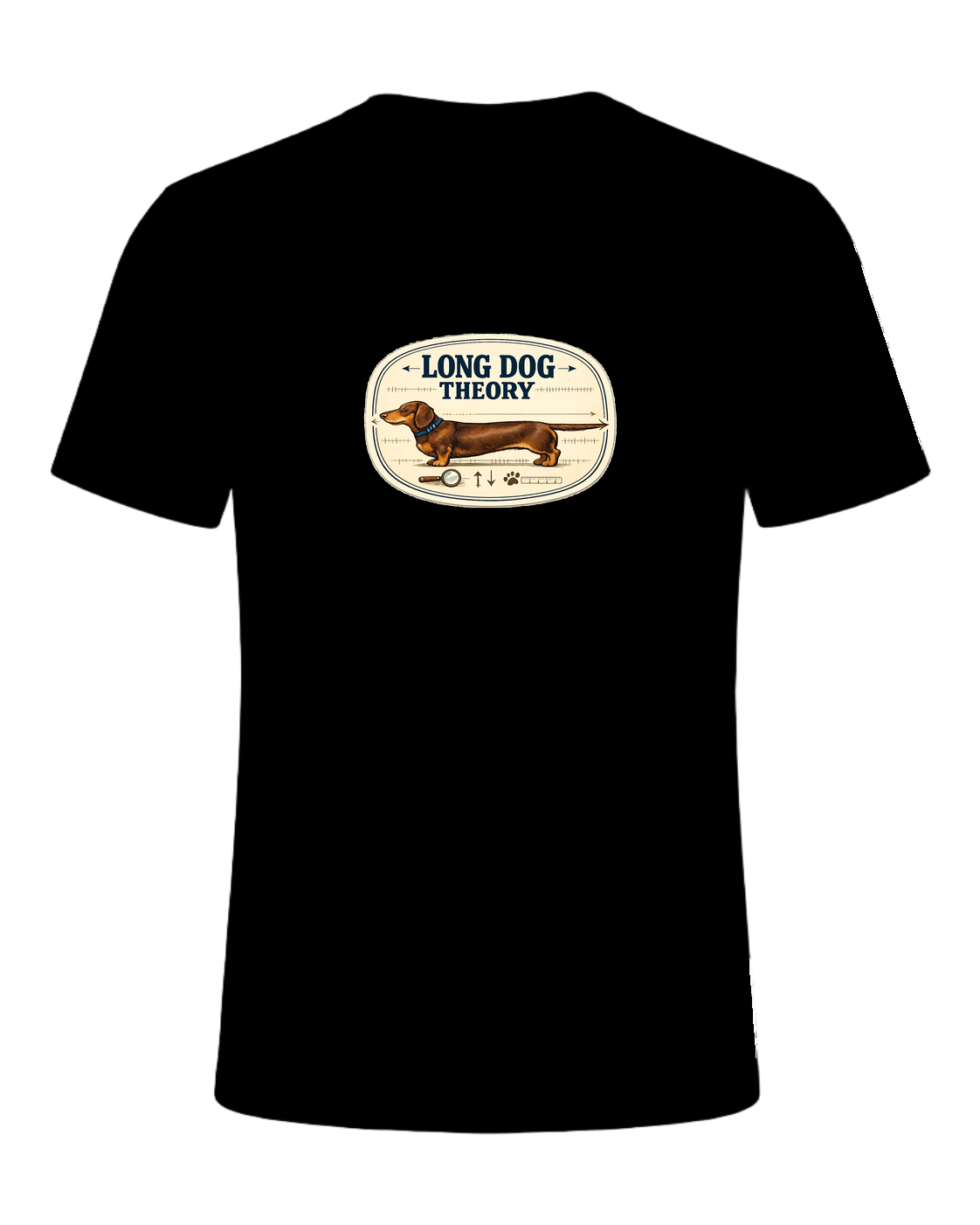 A clever vintage field-note dachshund tee for believers in LONG DOG THEORY. — Black