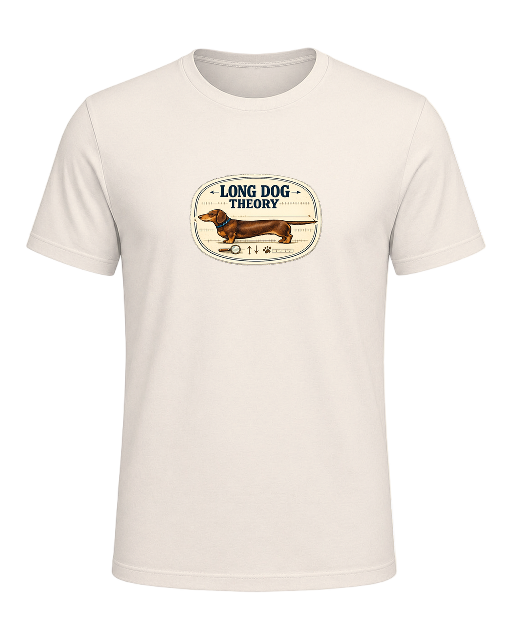 A clever vintage field-note dachshund tee for believers in LONG DOG THEORY. — Natural