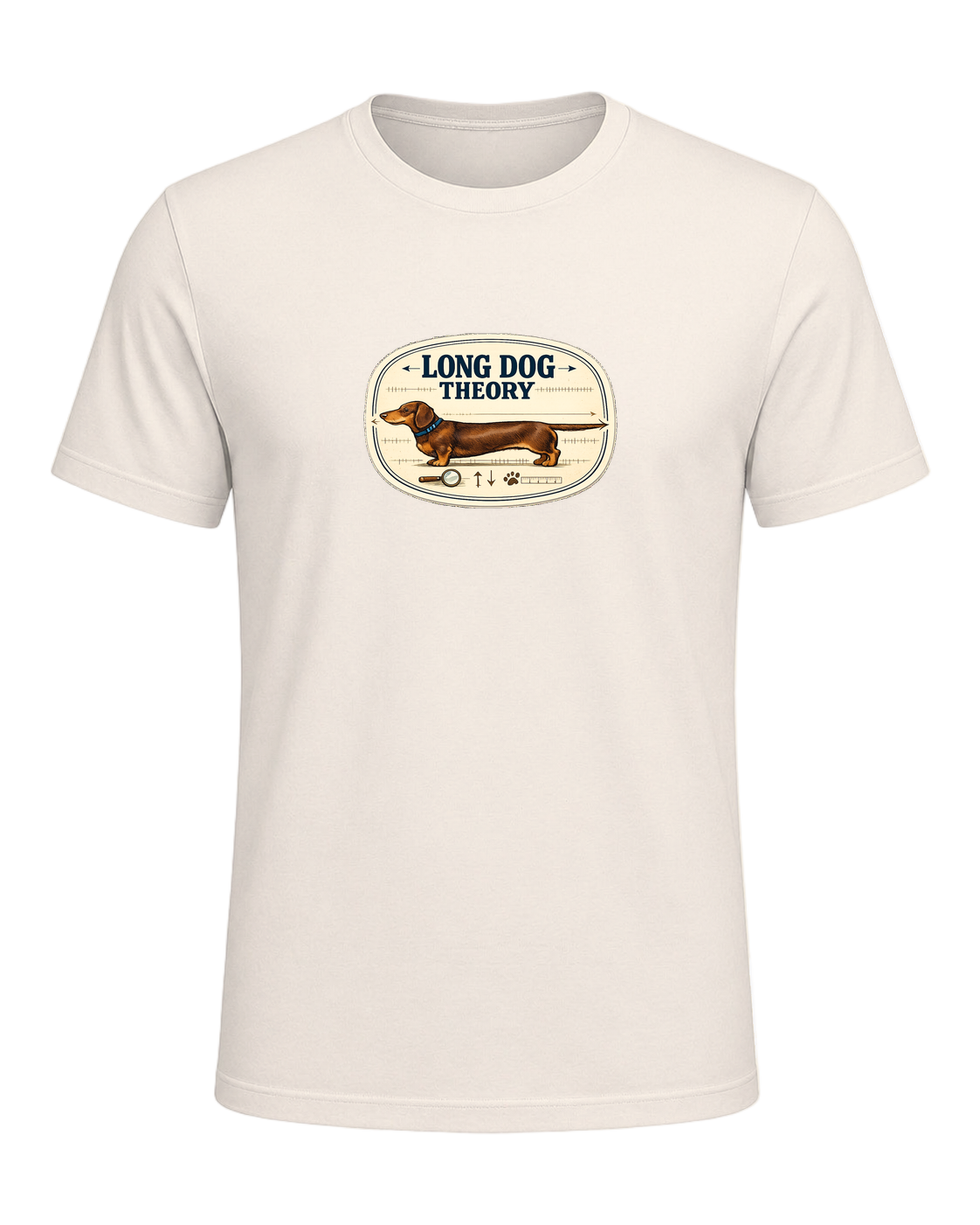 A clever vintage field-note dachshund tee for believers in LONG DOG THEORY. — Natural