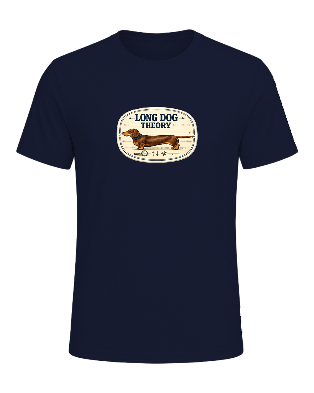 A clever vintage field-note dachshund tee for believers in LONG DOG THEORY. — Navy