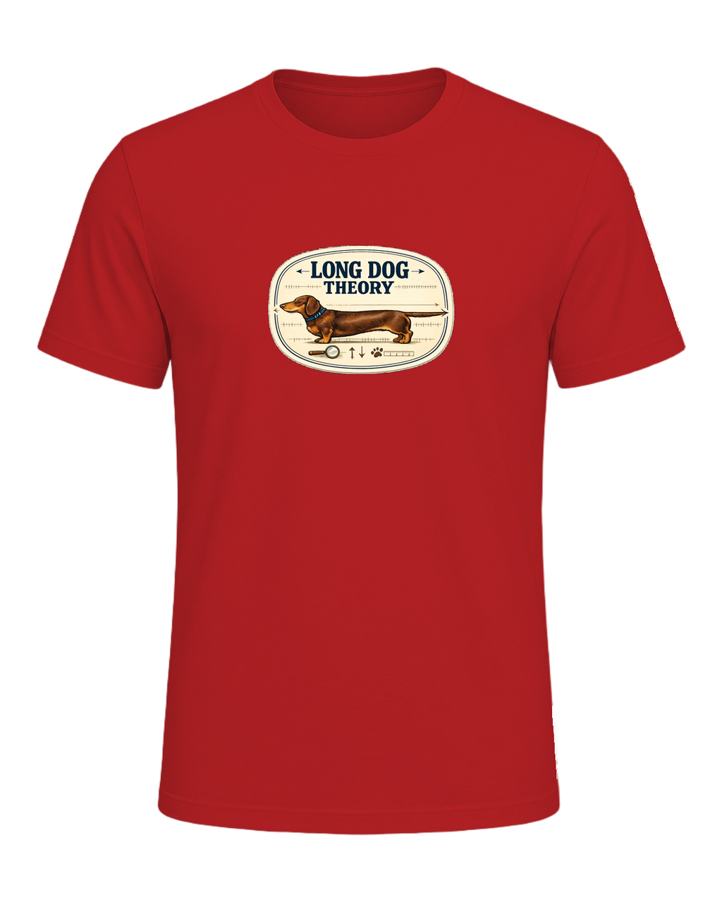 A clever vintage field-note dachshund tee for believers in LONG DOG THEORY. — Red