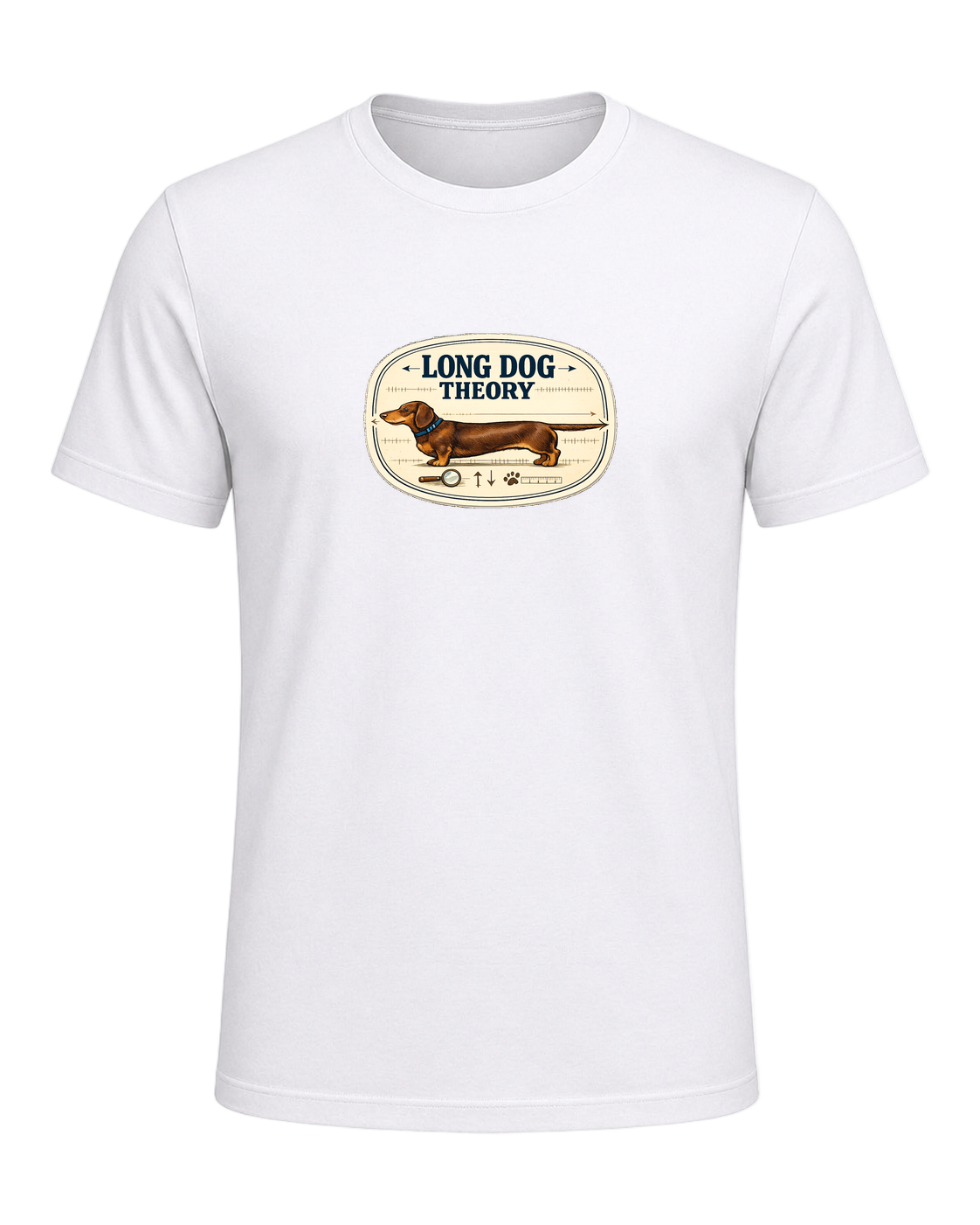 A clever vintage field-note dachshund tee for believers in LONG DOG THEORY. — White