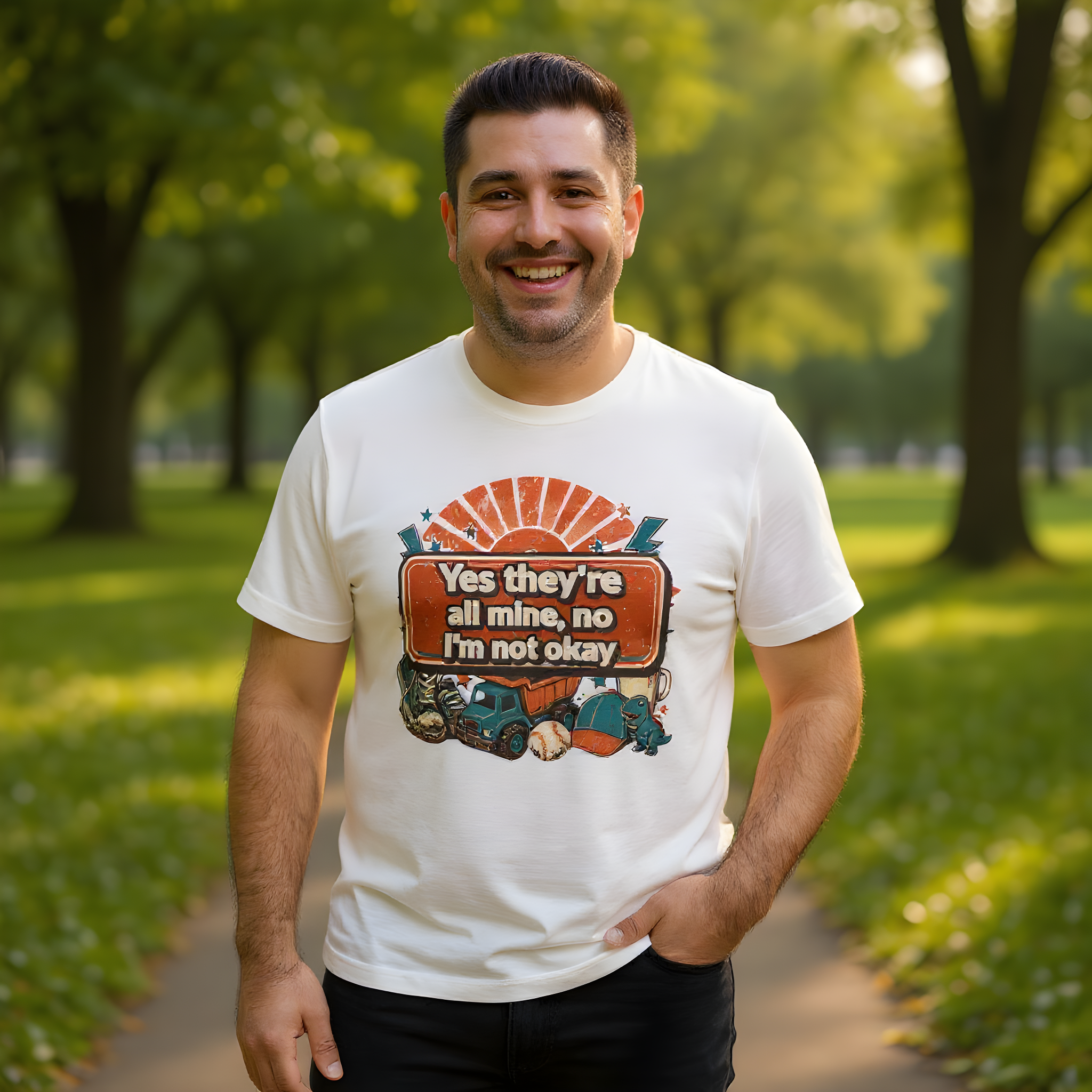 Boy Mom Humor T-Shirt — Yes They're All Mine, No I'm Not Okay — t-shirt design