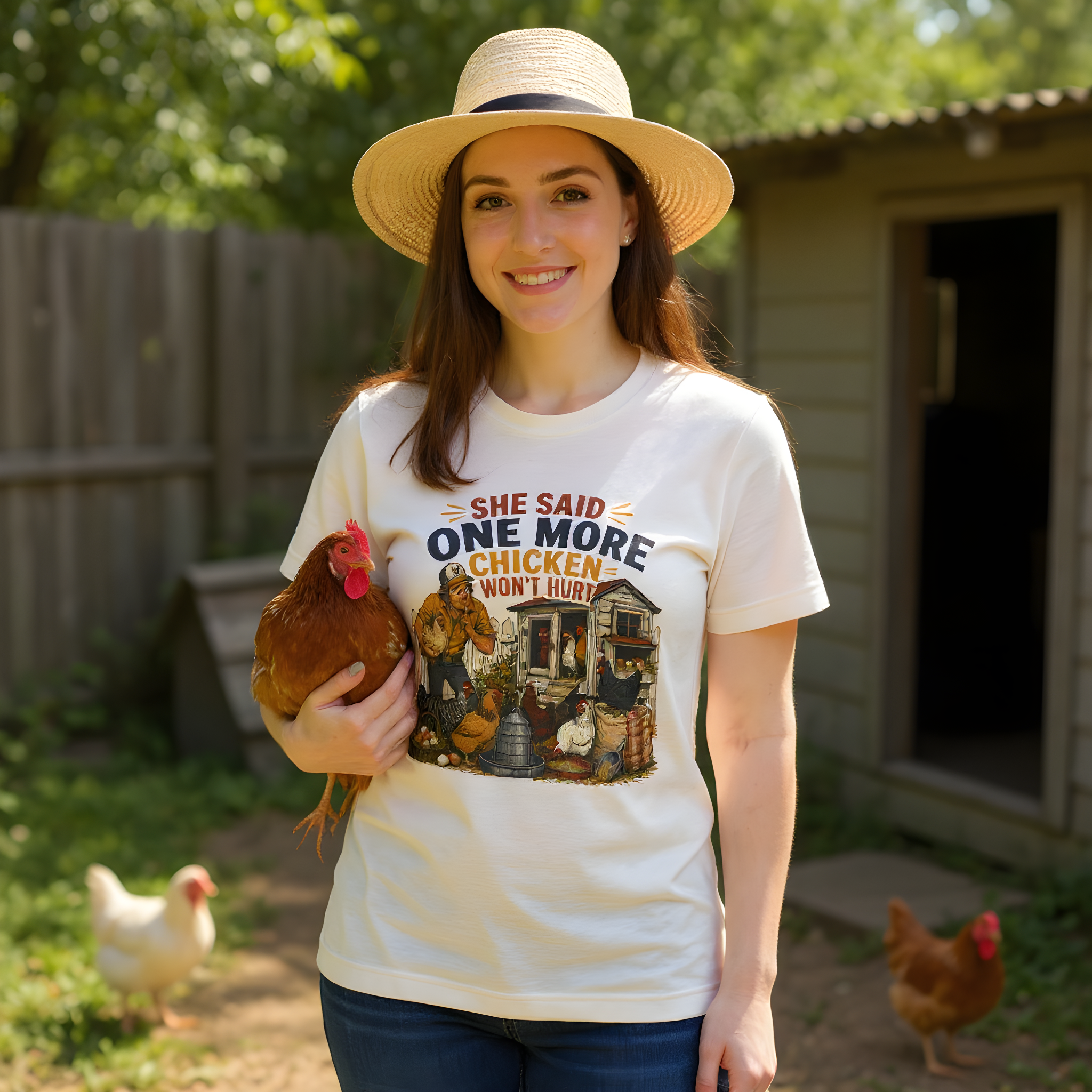 Chicken Mom Gift T-Shirt — She Said One More Chicken Won't Hurt — backyard chicken t-shirt design