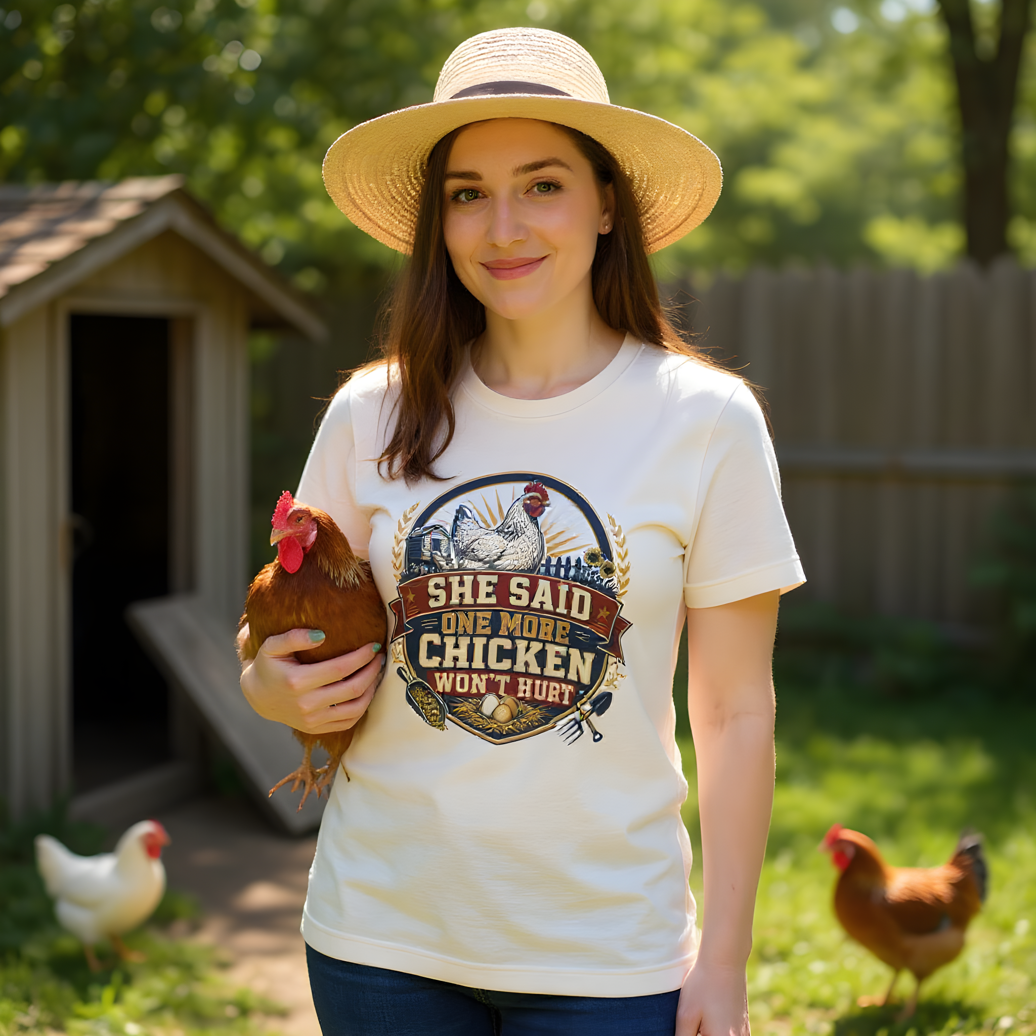 Funny Chicken T-Shirt — She Said One More Chicken Won't Hurt — backyard chicken t-shirt design