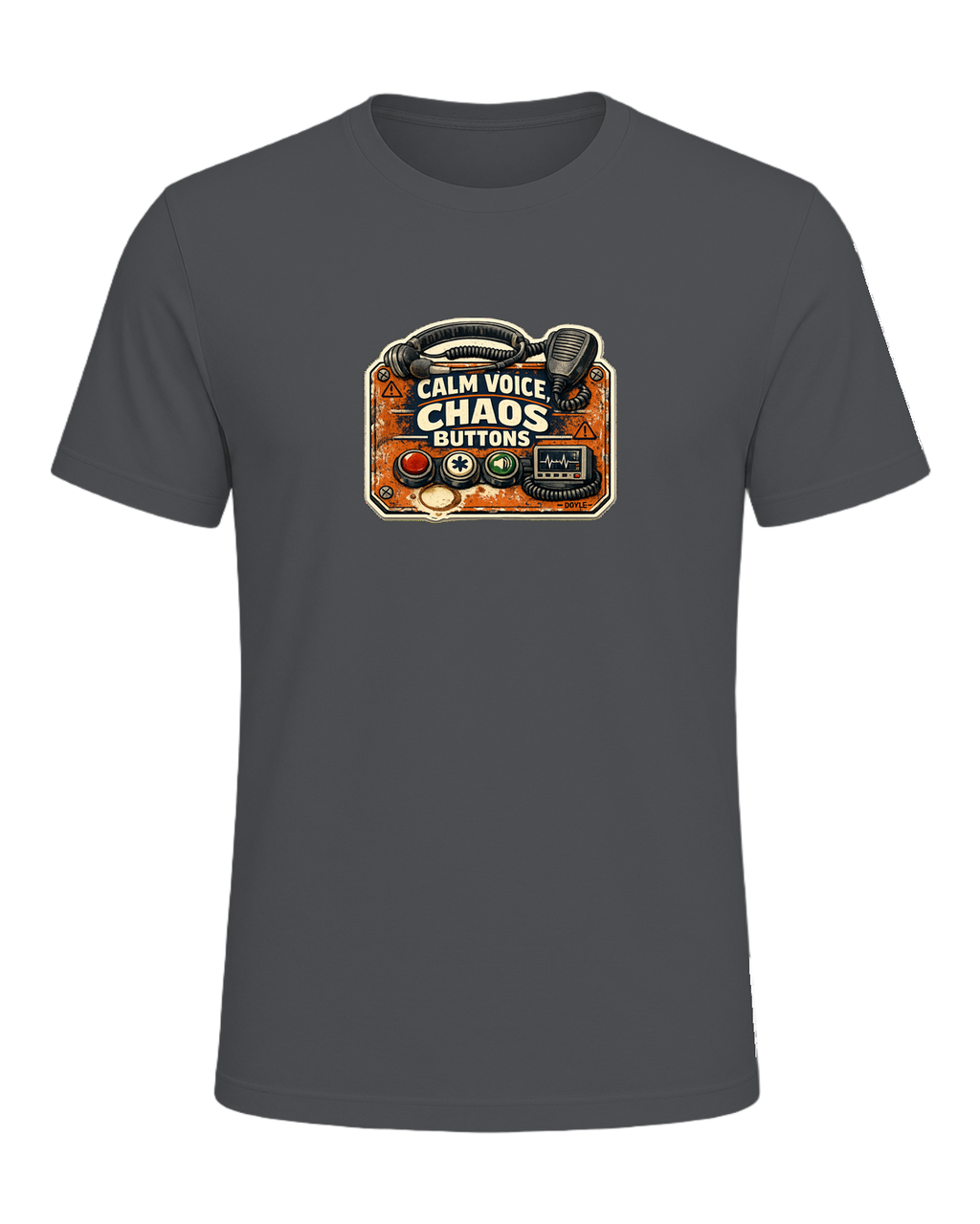 Calm Voice, Chaos Buttons Tee — Asphalt